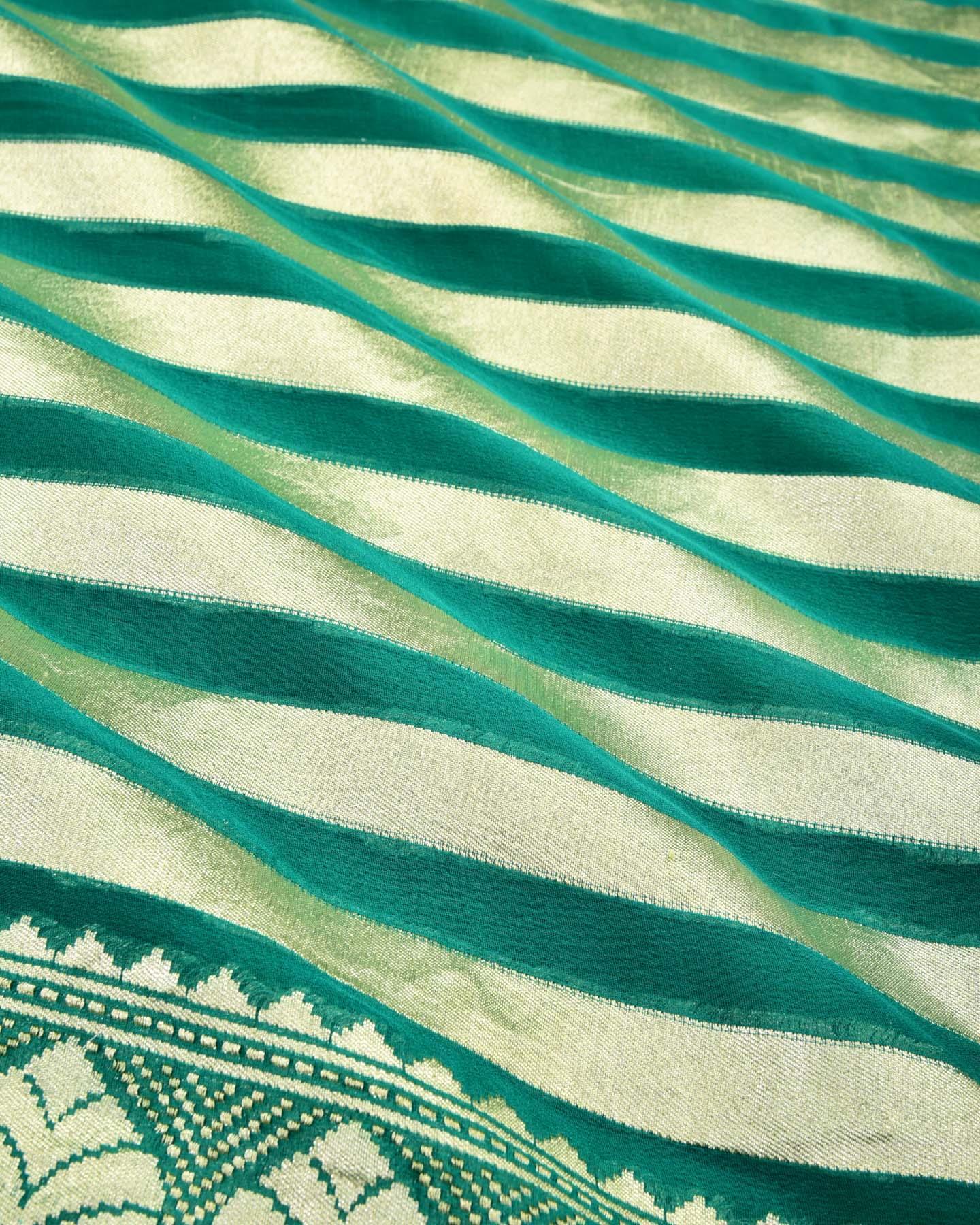 Sacramento Green Banarasi Gold Zari Horizontal Stripes Cutwork Brocade Handwoven Khaddi Georgette Saree - By HolyWeaves, Benares