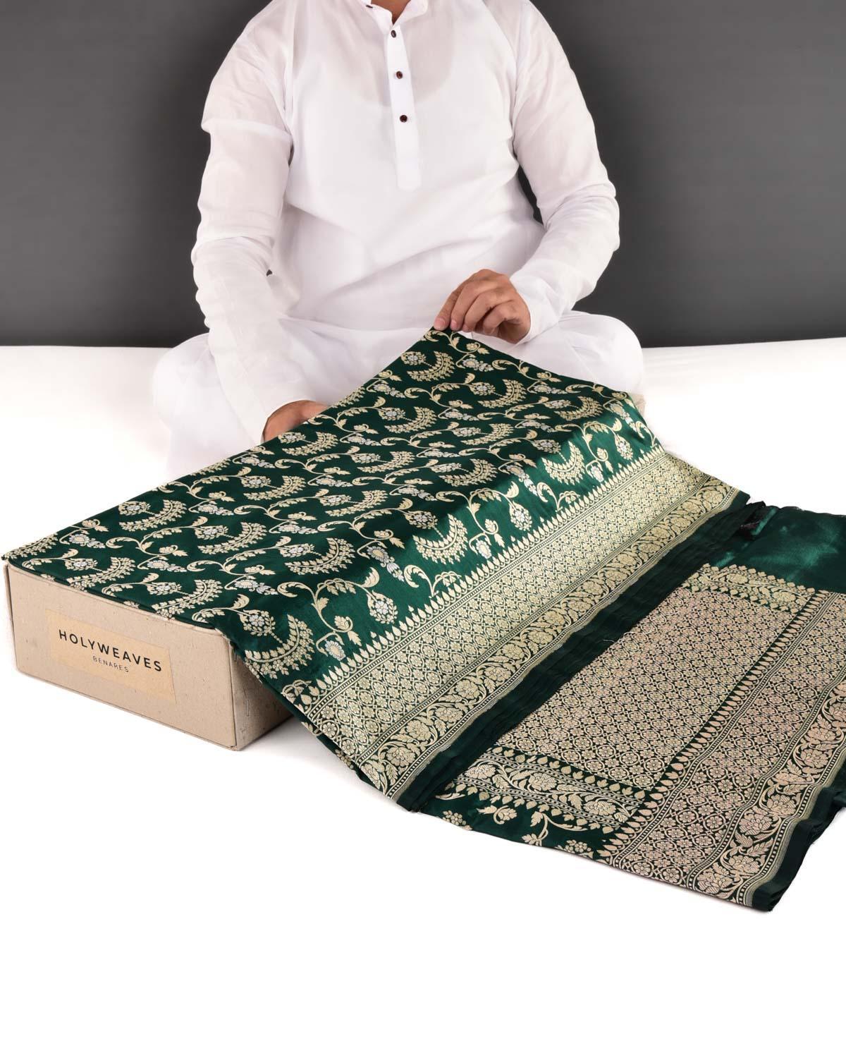 Sacramento Green Banarasi "Shringaar" Jaal Cutwork Brocade Handwoven Katan Silk Saree - By HolyWeaves, Benares