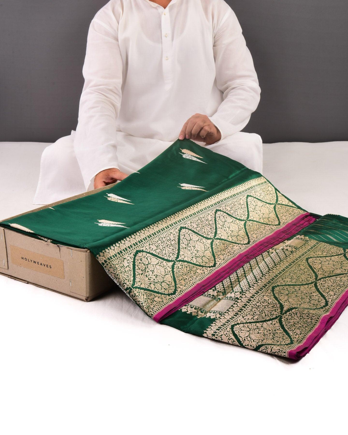 Sacramento Green Banarasi Sona-Rupa Deodara Buti Kadhuan Brocade Handwoven Katan Silk Saree - By HolyWeaves, Benares