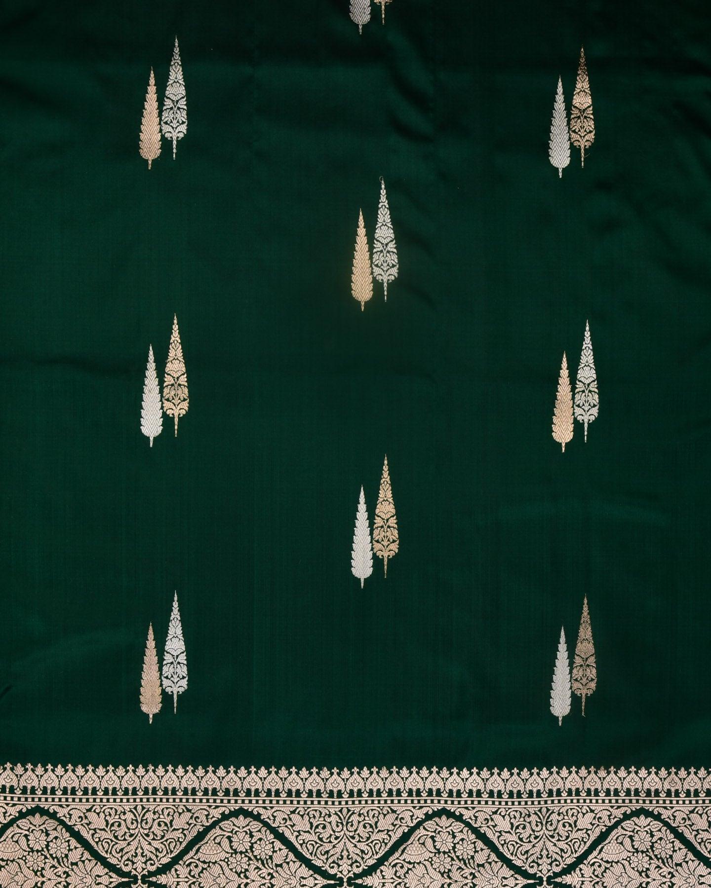 Sacramento Green Banarasi Sona-Rupa Deodara Buti Kadhuan Brocade Handwoven Katan Silk Saree - By HolyWeaves, Benares