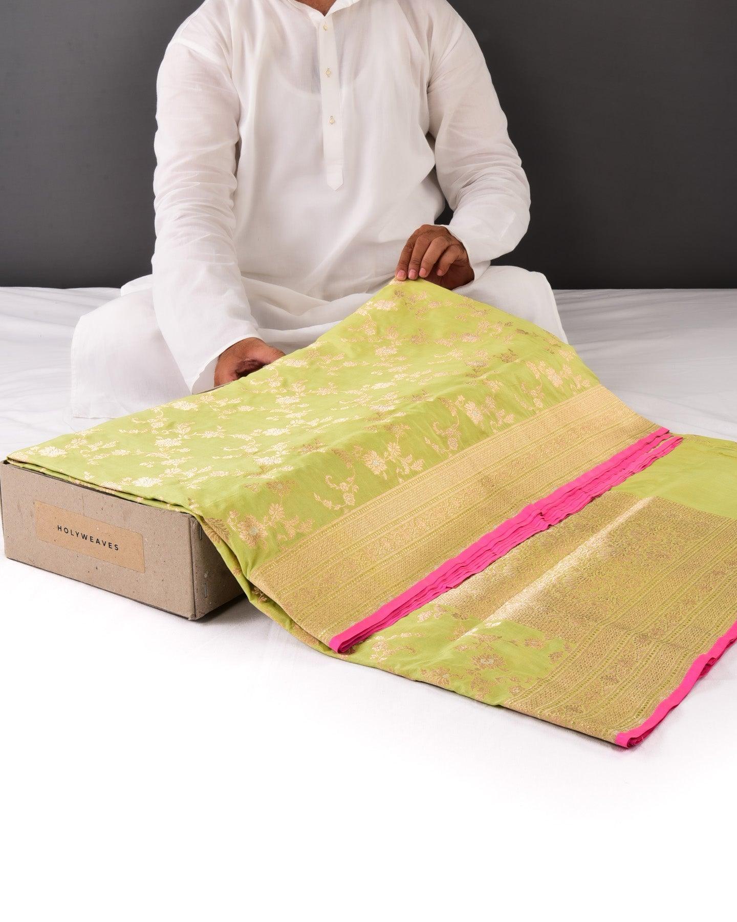 Sage Green Banarasi Alfi Sona Rupa Jaal Cutwork Brocade Handwoven Katan Silk Saree - By HolyWeaves, Benares