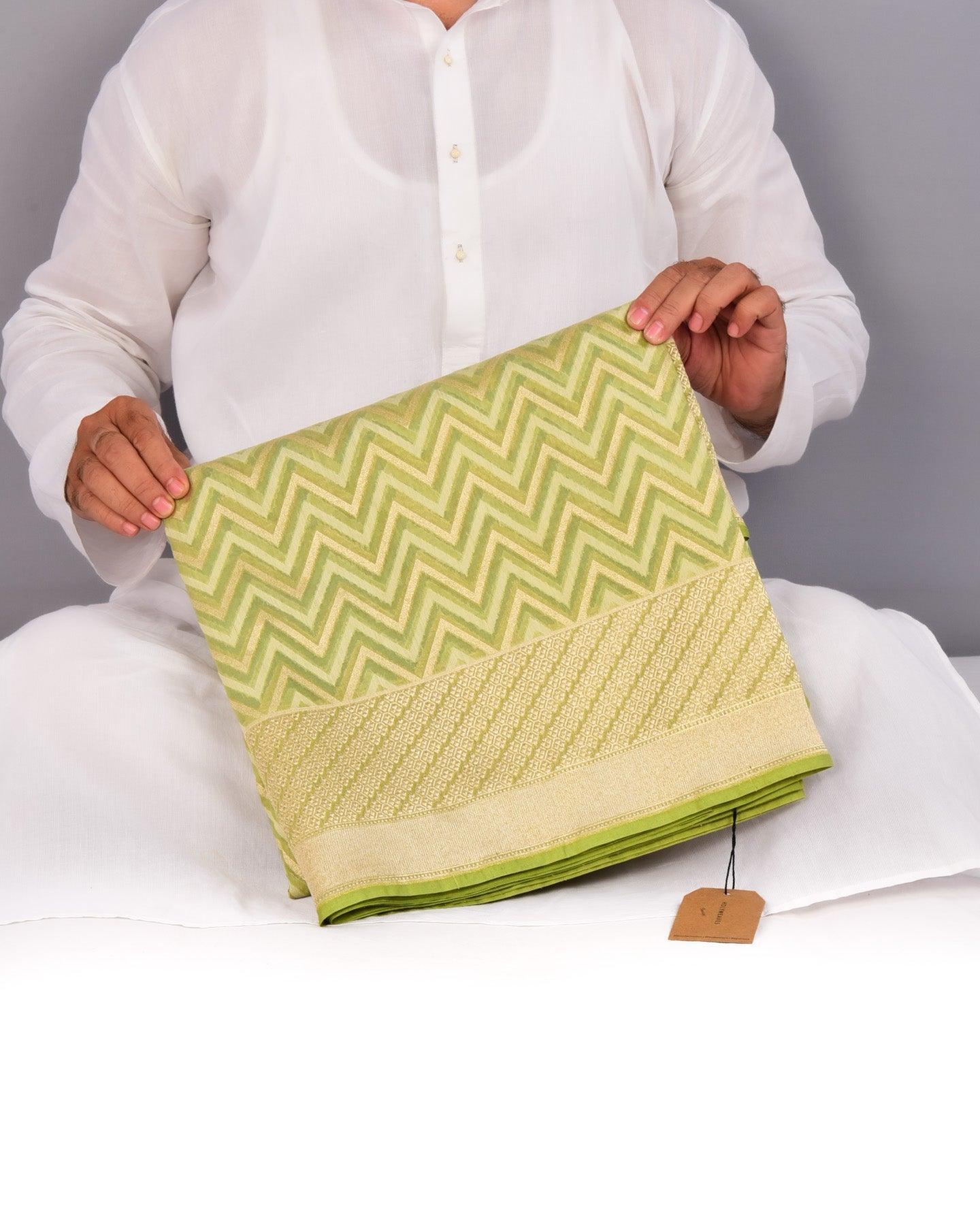 Sage Green Banarasi Chevron Zig-Zag Alfi Cutwork Brocade Handwoven Cotton Silk Saree - By HolyWeaves, Benares