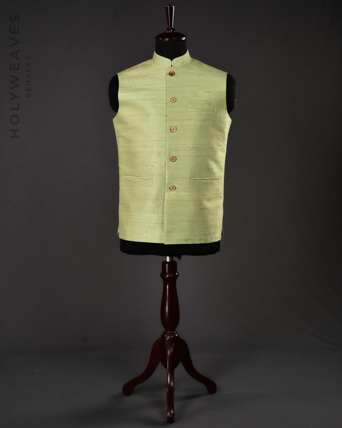 Sage Green Banarasi Textured Handwoven Raw Silk Mens Modi Jacket - By HolyWeaves, Benares