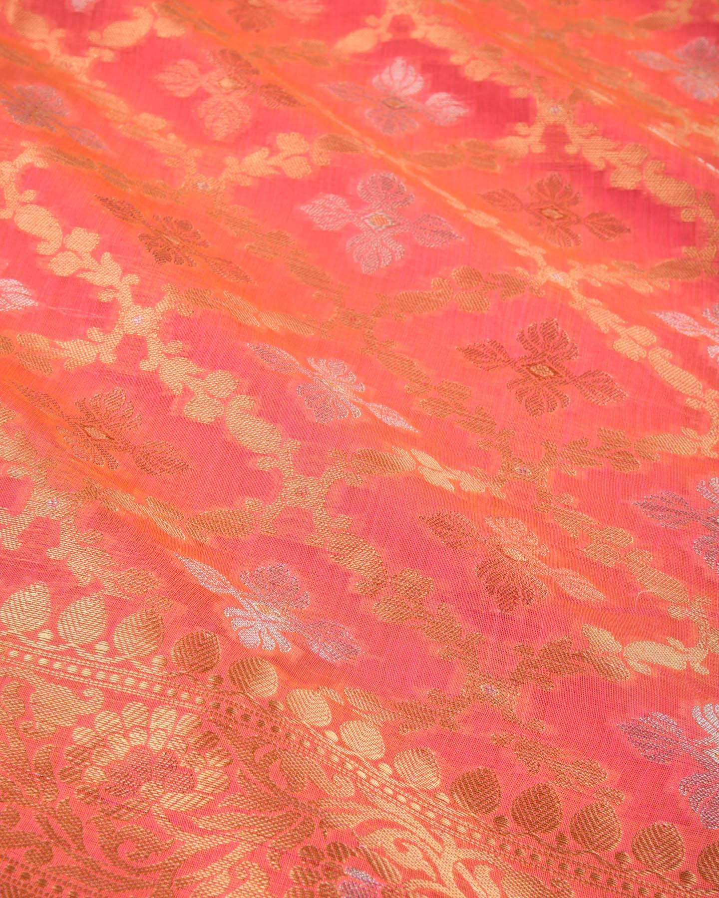Salmon Pink Banarasi Jangla Alfi Cutwork Brocade Woven Cotton Silk Saree - By HolyWeaves, Benares