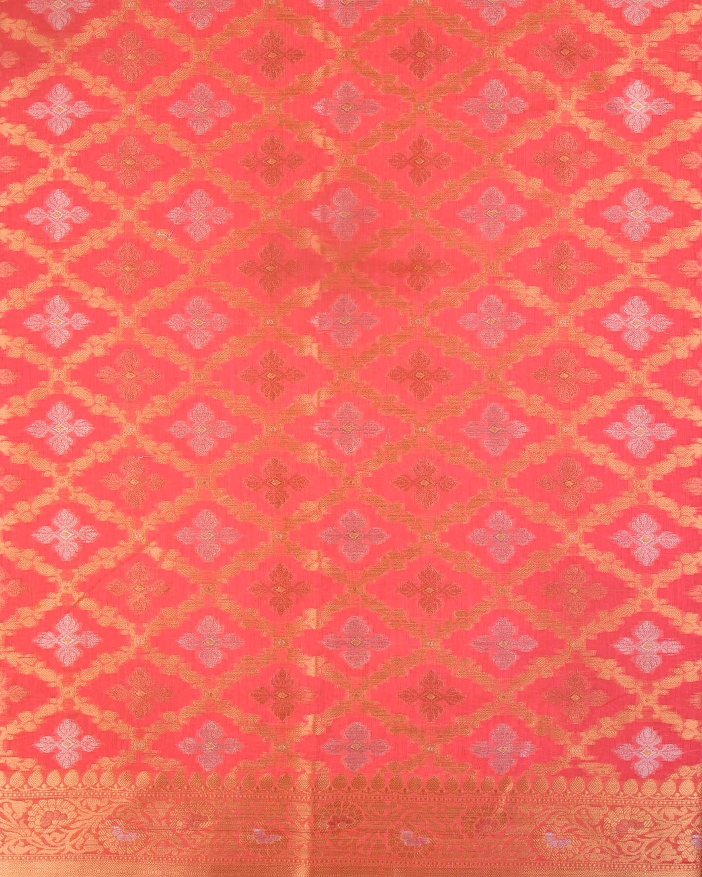 Salmon Pink Banarasi Jangla Alfi Cutwork Brocade Woven Cotton Silk Saree - By HolyWeaves, Benares
