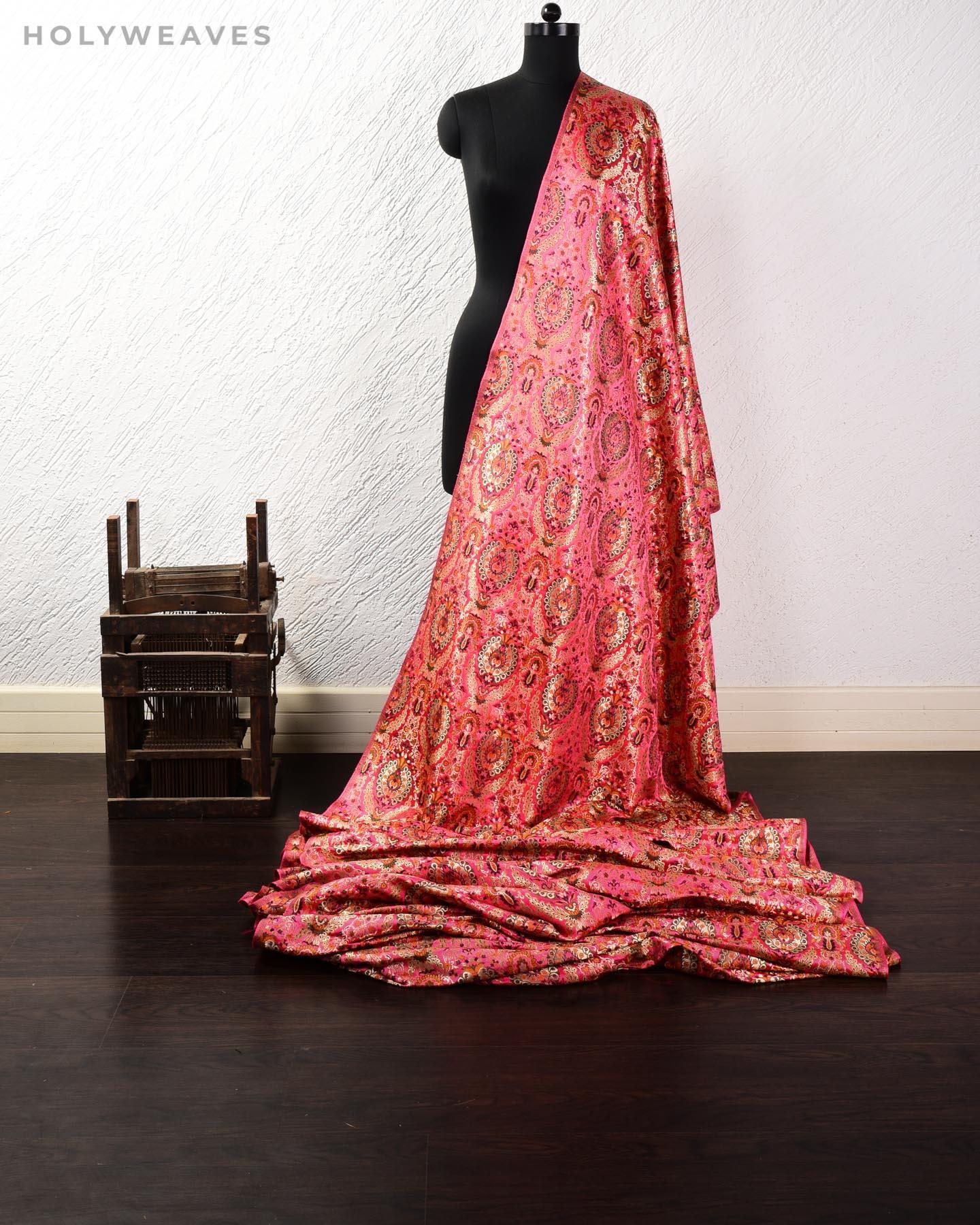 Salmon Pink Banarasi Kimkhwab Brocade Handwoven Viscose Silk Fabric - By HolyWeaves, Benares