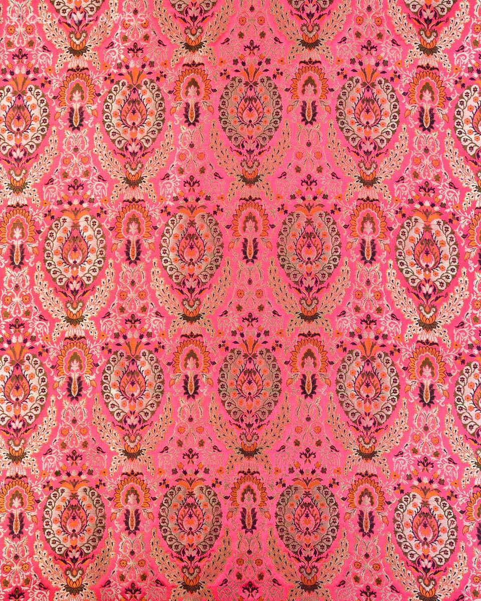 Salmon Pink Banarasi Kimkhwab Brocade Handwoven Viscose Silk Fabric - By HolyWeaves, Benares