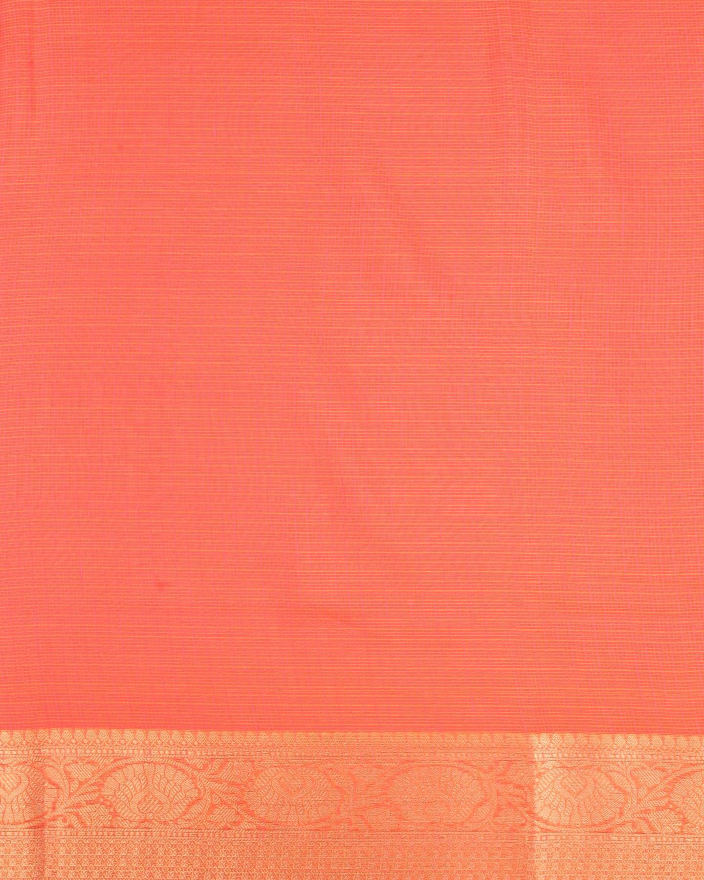 Salmon Pink Banarasi Kota Check Zari Border Brocade Woven Blended Cotton Silk Saree - By HolyWeaves, Benares