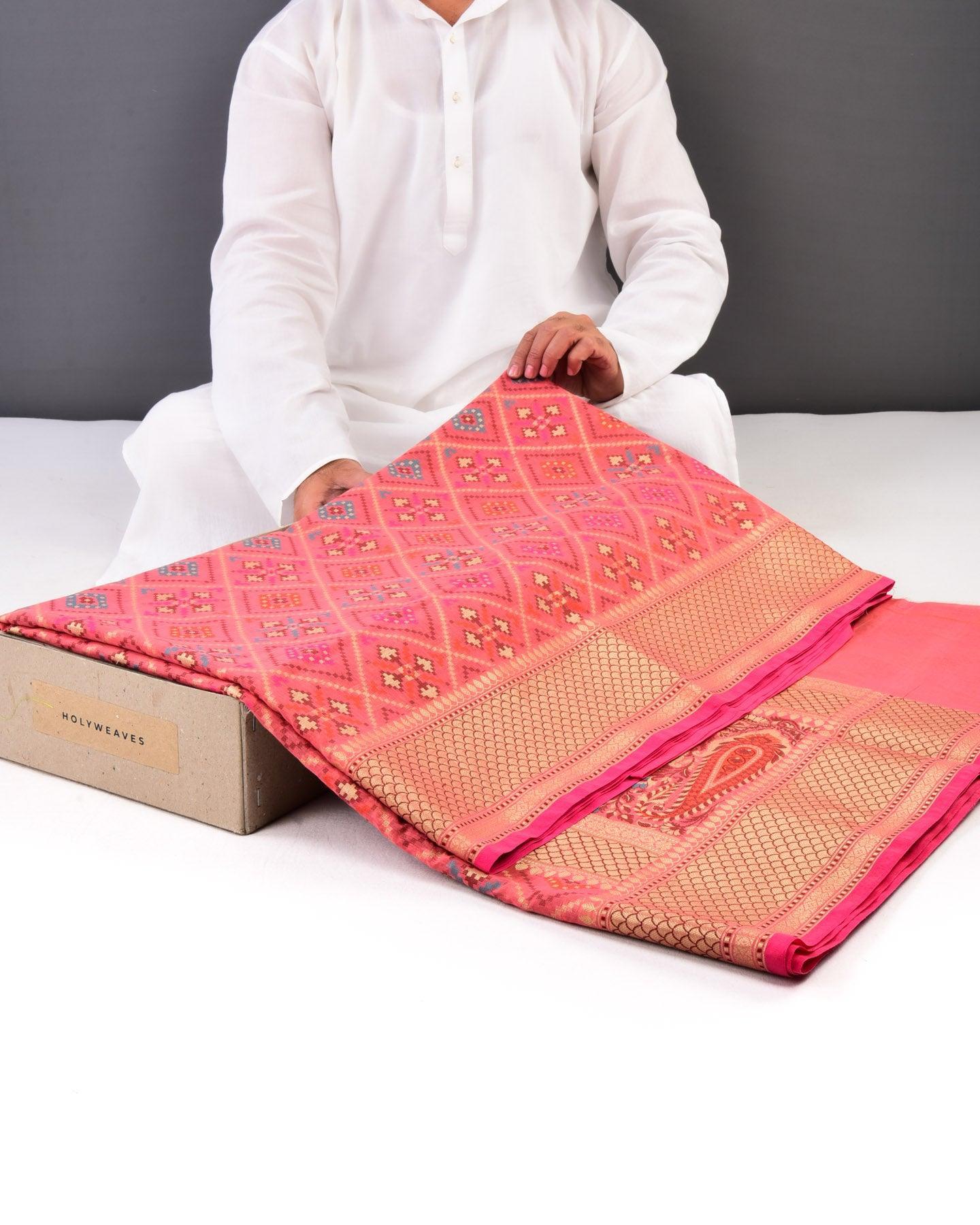 Salmon Pink Banarasi Patola Cutwork Brocade Woven Cotton Silk Saree - By HolyWeaves, Benares