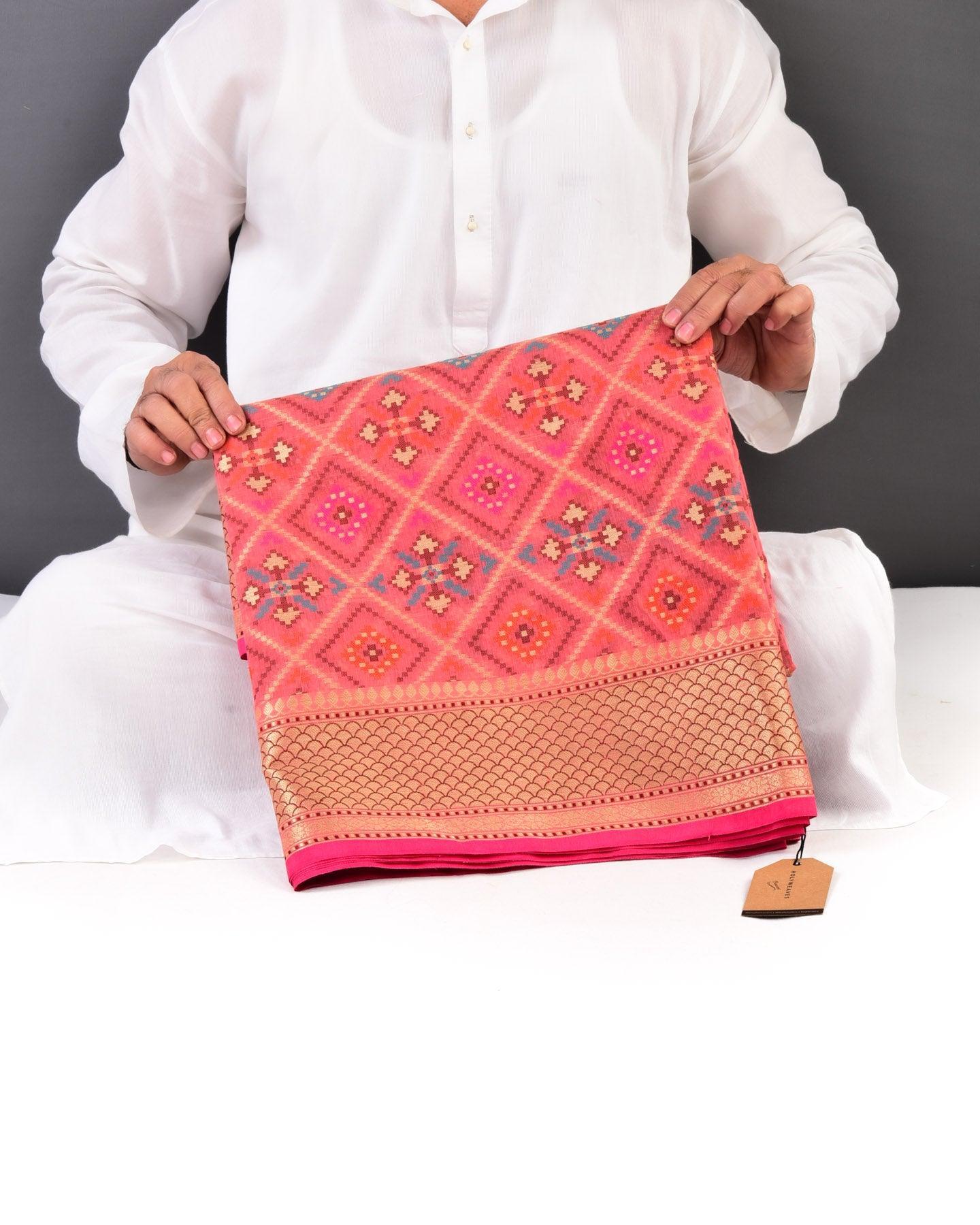 Salmon Pink Banarasi Patola Cutwork Brocade Woven Cotton Silk Saree - By HolyWeaves, Benares