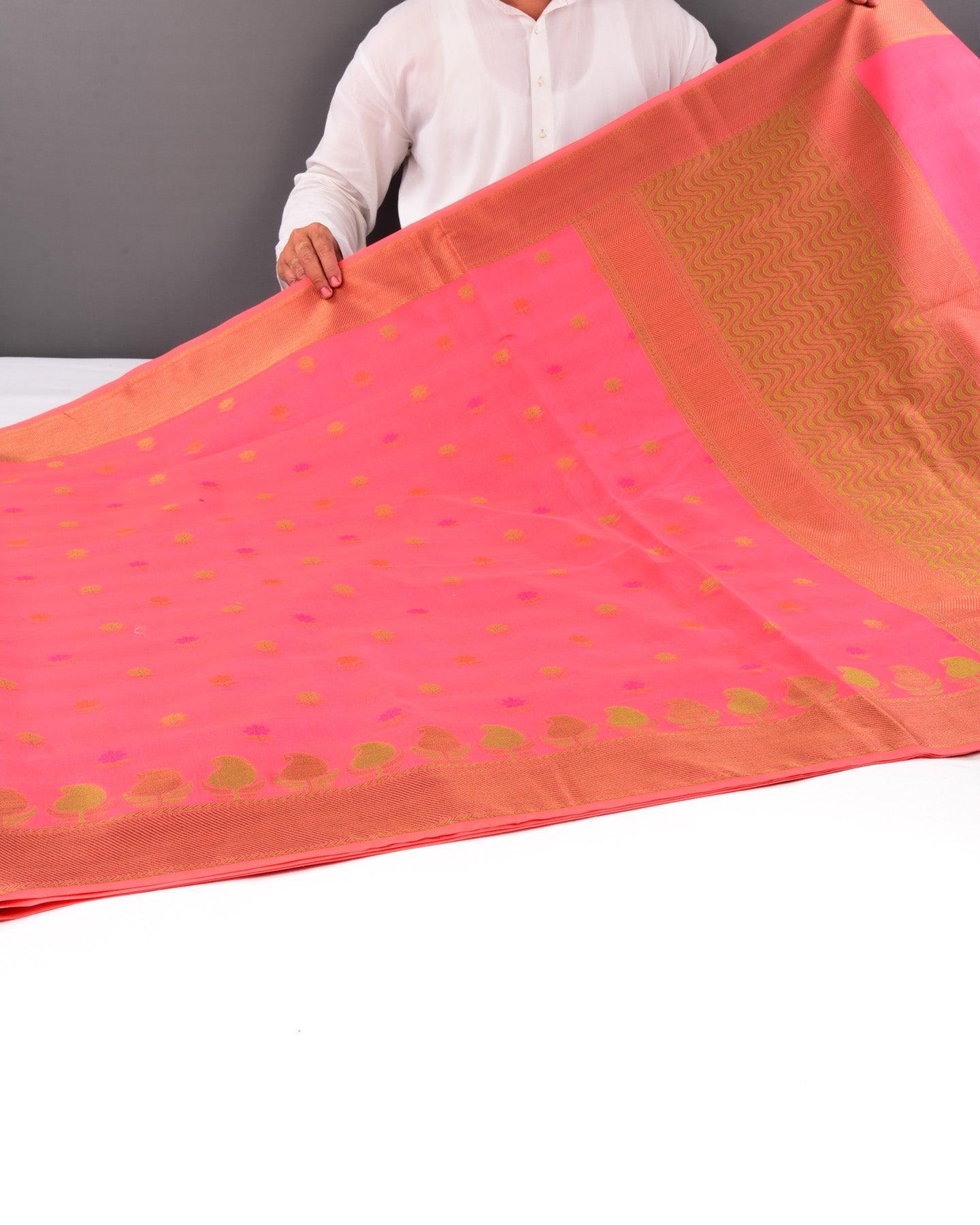 Salmon Pink Banarasi Resham Buti Cutwork Brocade Woven Cotton Silk Saree with Paisley Border - By HolyWeaves, Benares