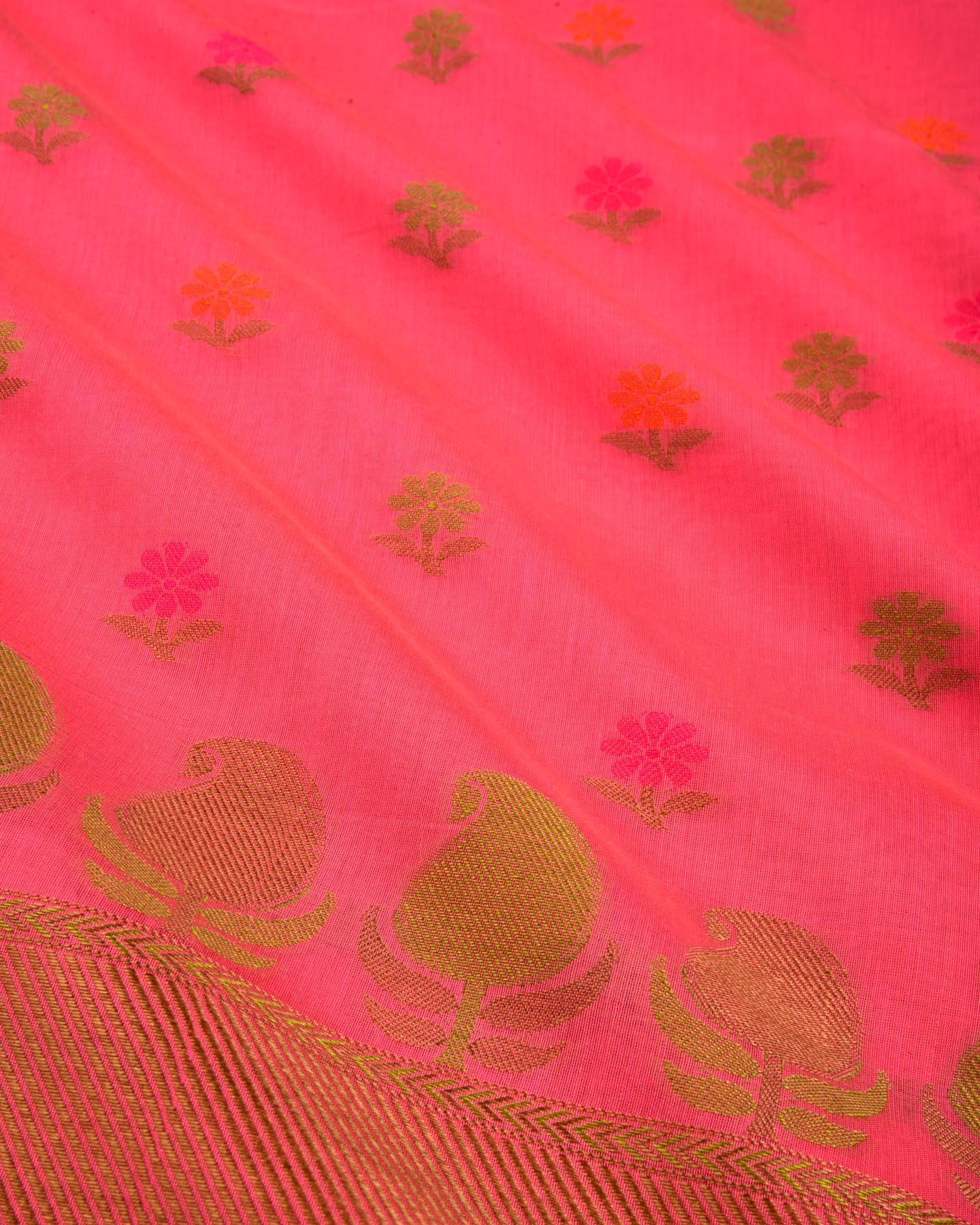 Salmon Pink Banarasi Resham Buti Cutwork Brocade Woven Cotton Silk Saree with Paisley Border - By HolyWeaves, Benares