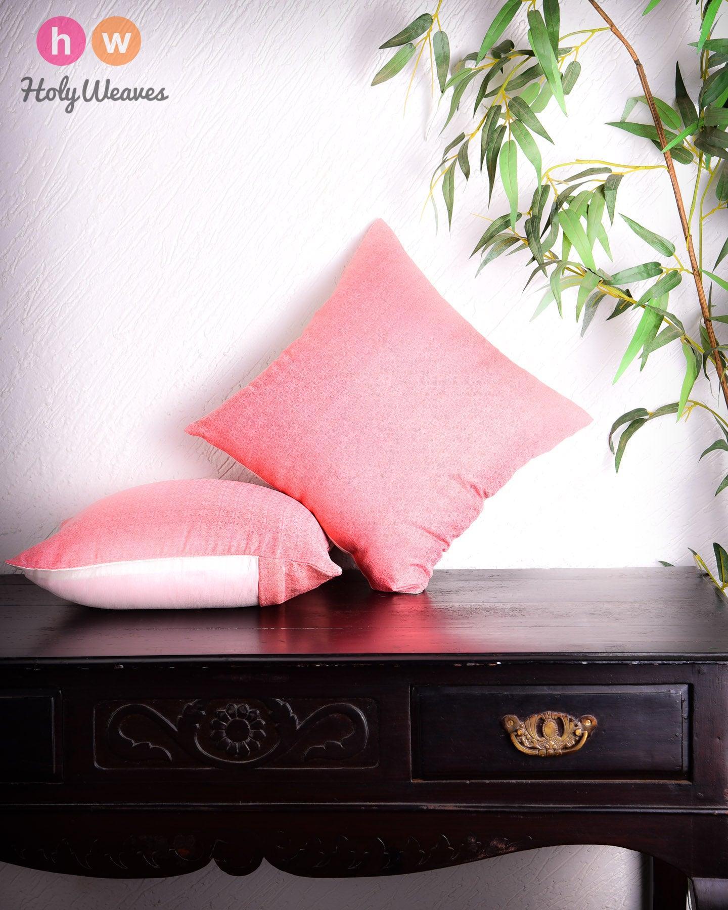 Salmon Pink Banarasi Tanchoi Viscose Silk Cushion Cover 16" - By HolyWeaves, Benares