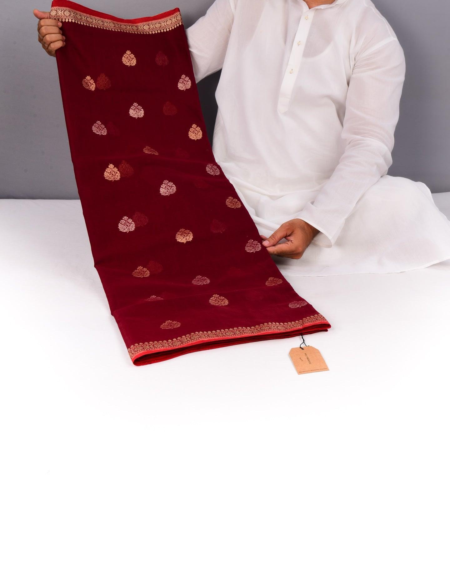 Sangria Maroon Banarasi Ektara Buti Kadhuan Brocade Handwoven Handloom Cotton Saree - By HolyWeaves, Benares