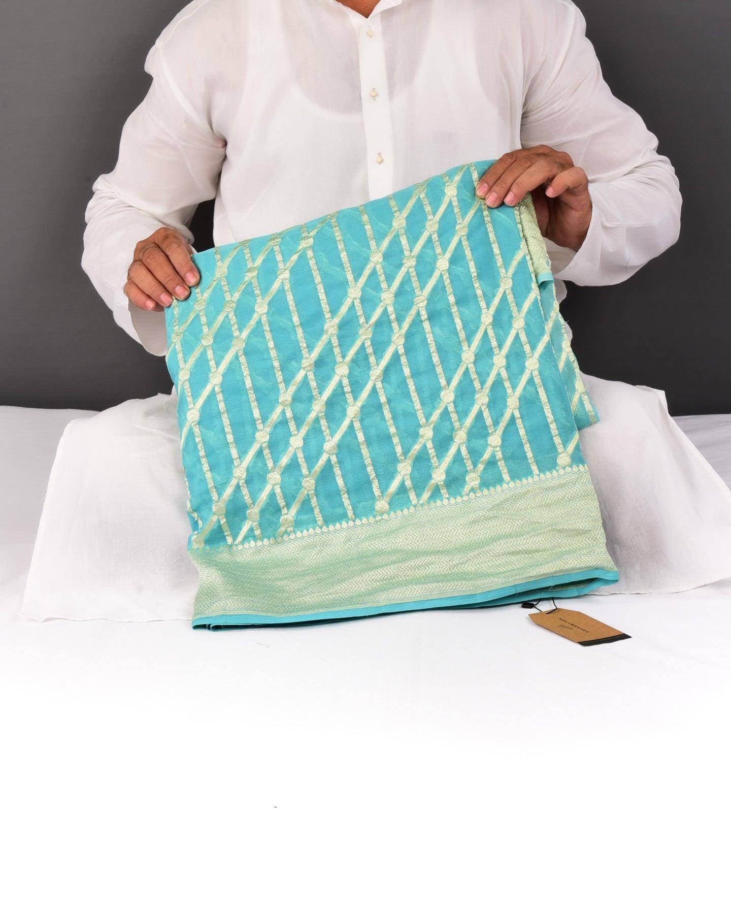 Shaded Blue Banarasi Geometric Grids Cutwork Brocade Handwoven Khaddi Georgette Saree - By HolyWeaves, Benares