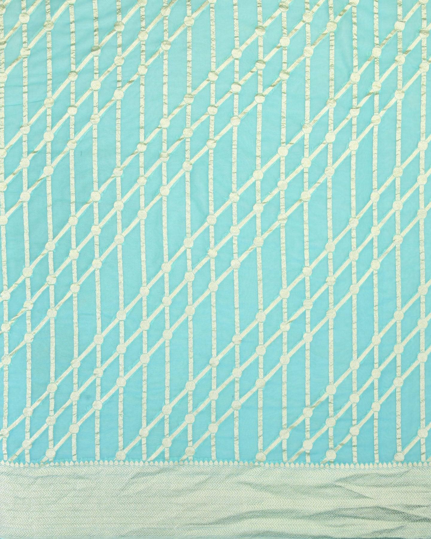 Shaded Blue Banarasi Geometric Grids Cutwork Brocade Handwoven Khaddi Georgette Saree - By HolyWeaves, Benares