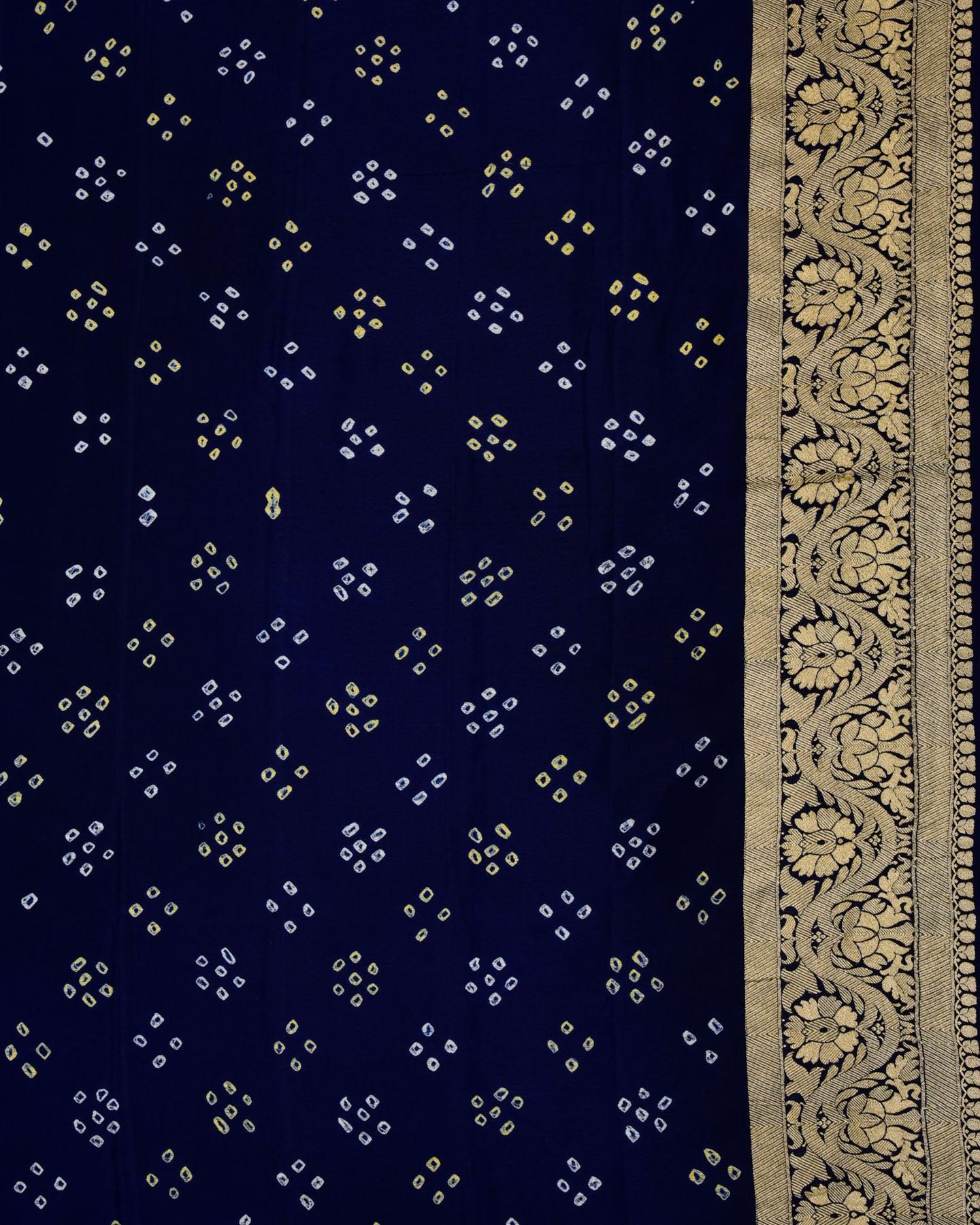 Shaded Blue Banarasi Gold Zari Cutwork Brocade Handwoven Khaddi Georgette Saree with White & Yellow Bandhej - By HolyWeaves, Benares