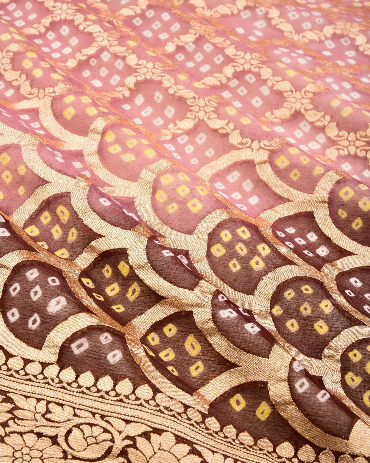 Shaded Brown Banarasi Cutwork Brocade Handwoven Khaddi Georgette Saree with White & Yellow Bandhej - By HolyWeaves, Benares