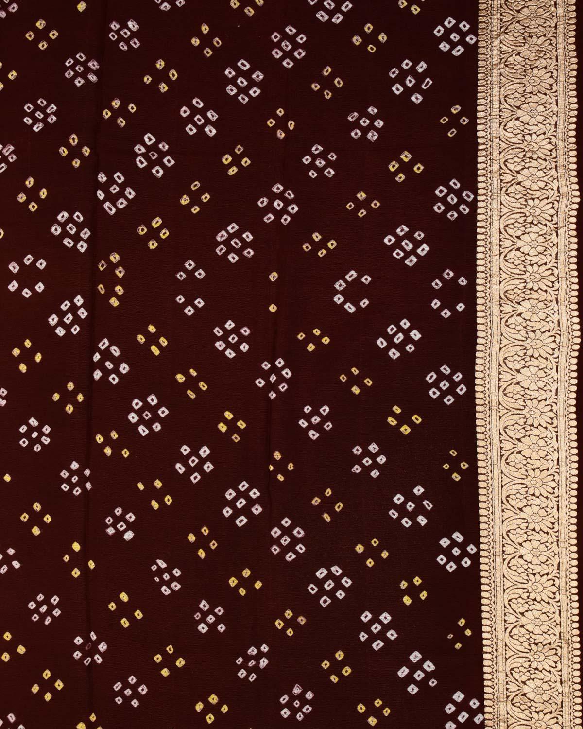 Shaded Brown Banarasi Cutwork Brocade Handwoven Khaddi Georgette Saree with White & Yellow Bandhej - By HolyWeaves, Benares