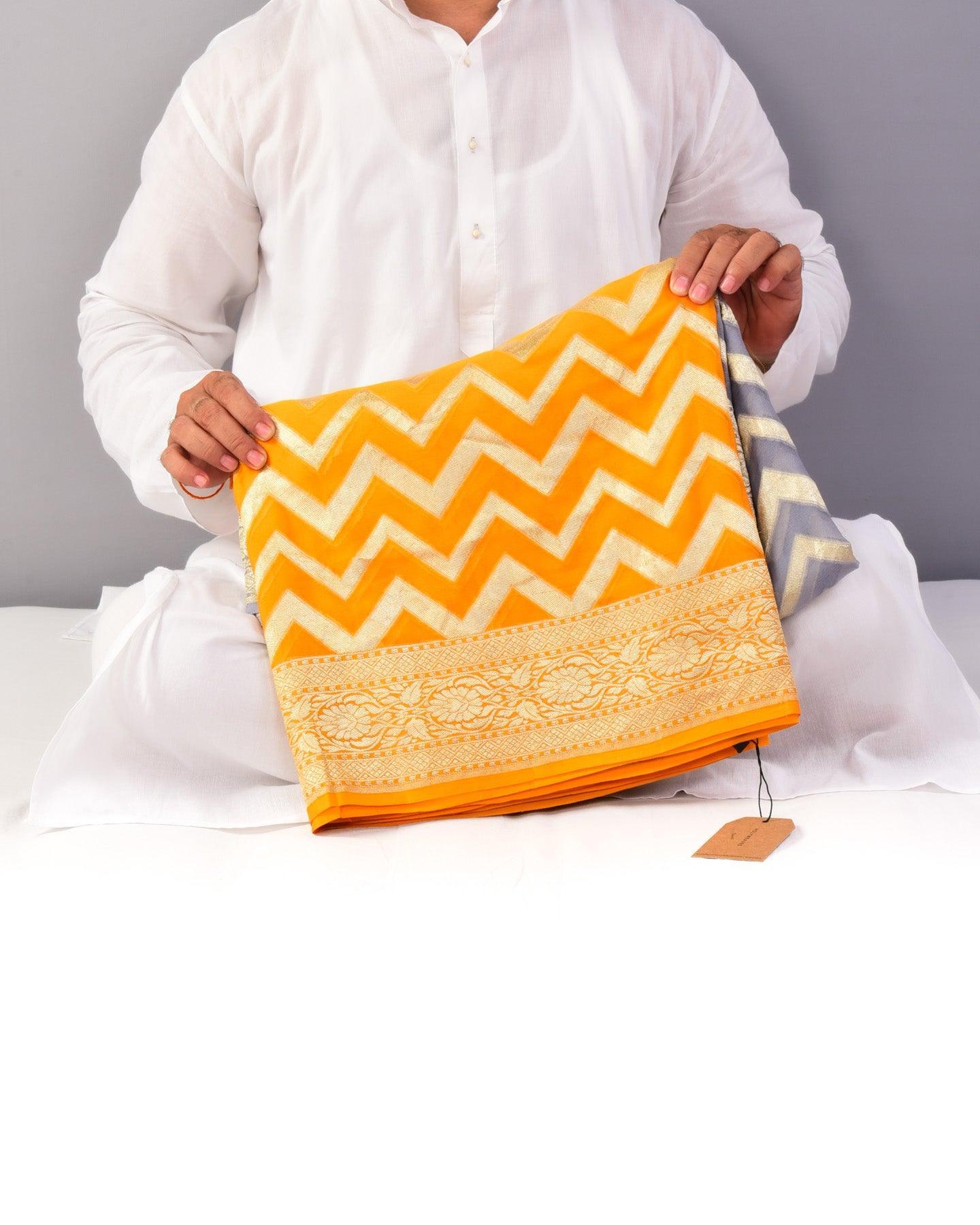Shaded Gray Yellow Banarasi Chevron Zig-Zag Cutwork Brocade Handwoven Khaddi Georgette Saree - By HolyWeaves, Benares