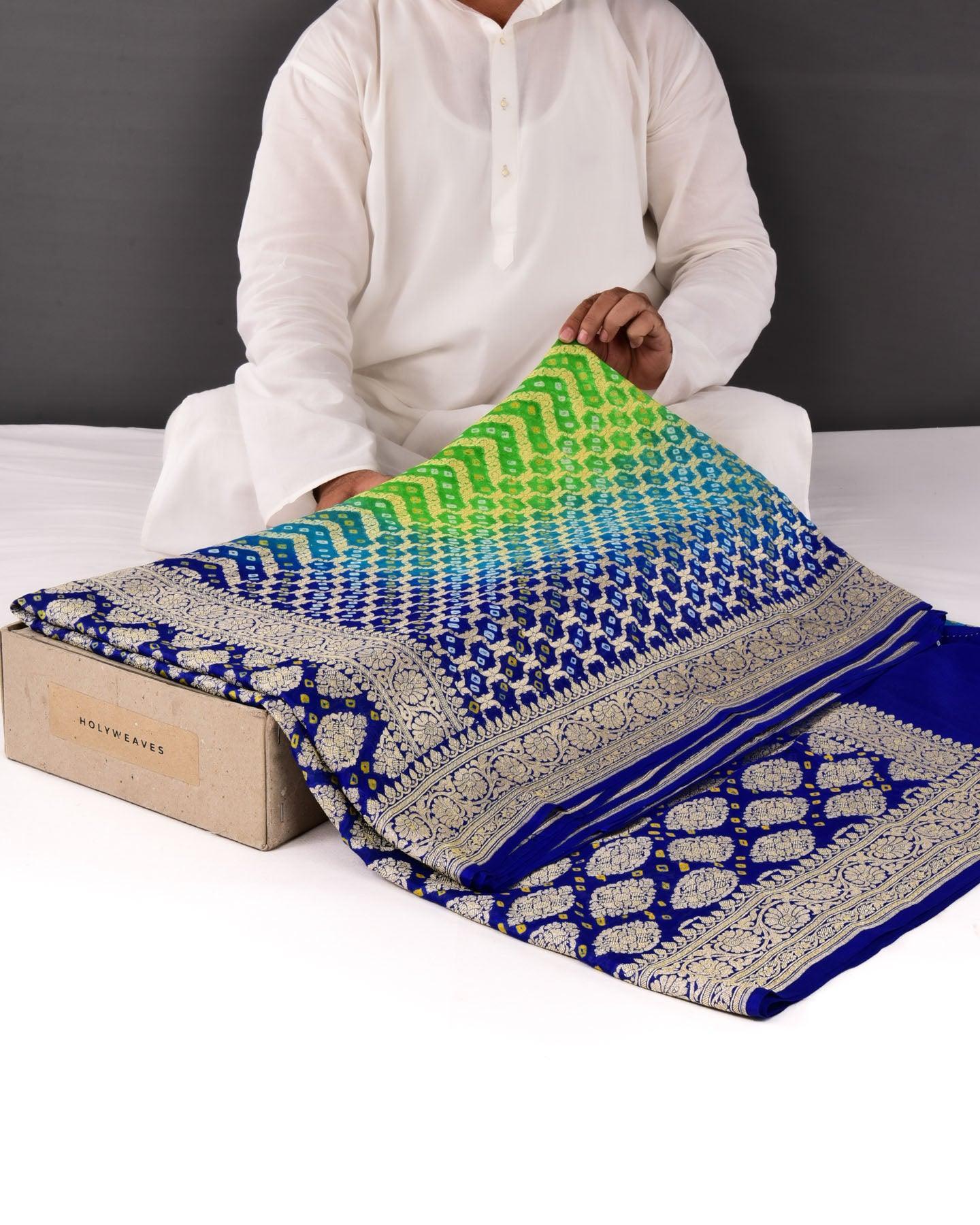 Shaded Green-Blue Banarasi Gold Zari Cutwork Brocade Handwoven Khaddi Georgette Saree with White & Yellow Bandhej - By HolyWeaves, Benares