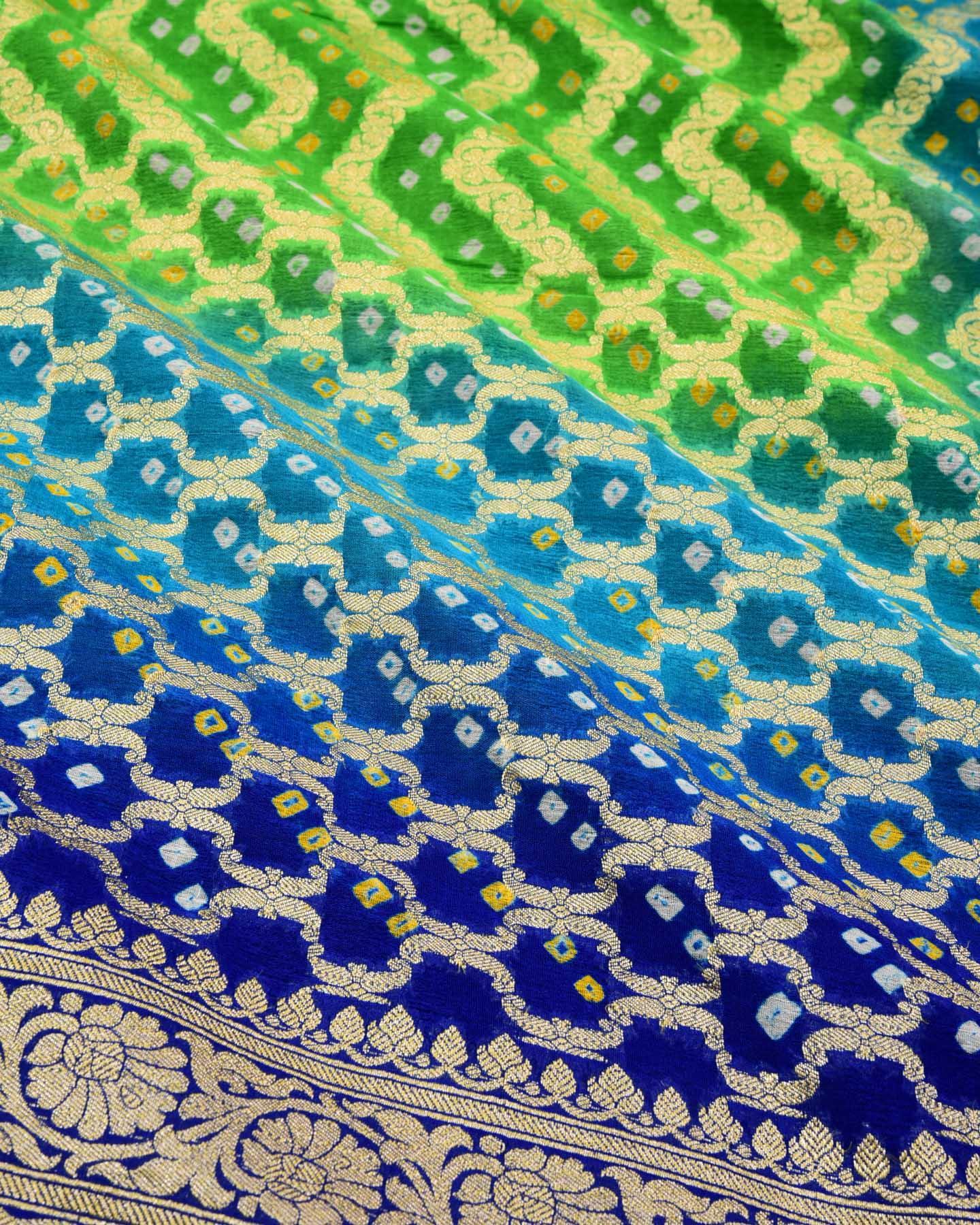 Shaded Green-Blue Banarasi Gold Zari Cutwork Brocade Handwoven Khaddi Georgette Saree with White & Yellow Bandhej - By HolyWeaves, Benares