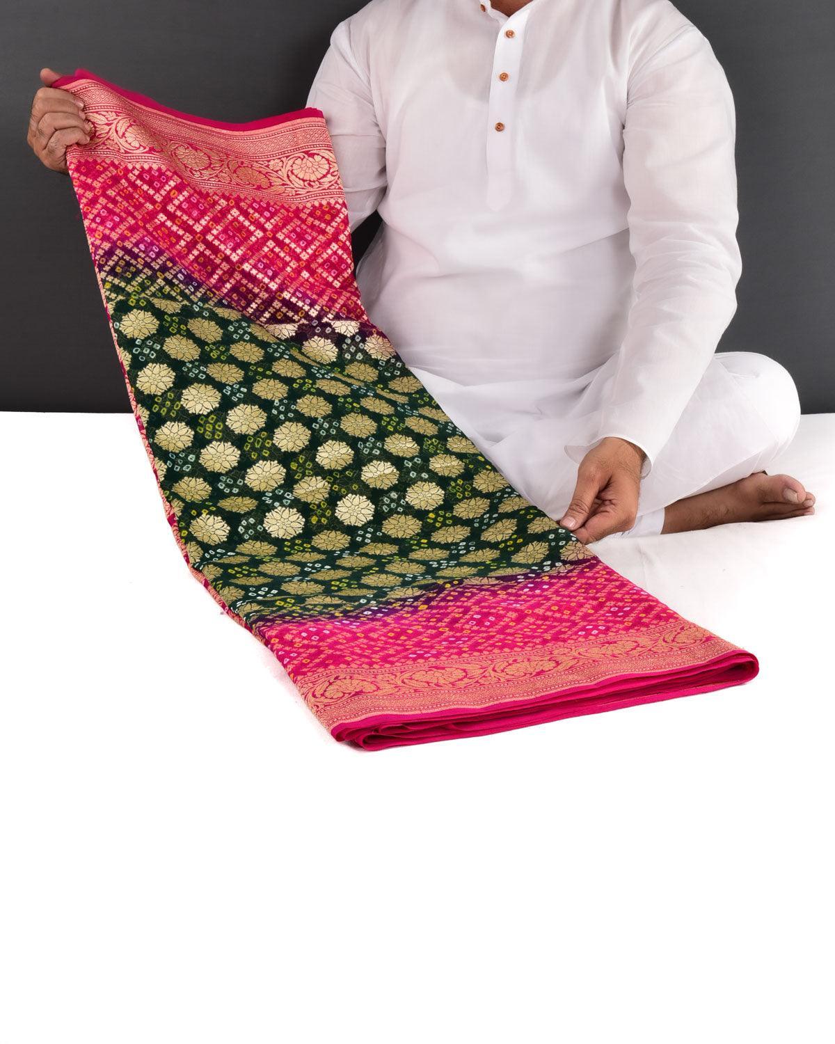 Shaded Green-Pink Banarasi Cutwork Brocade Handwoven Khaddi Georgette Saree with White & Yellow Bandhej - By HolyWeaves, Benares