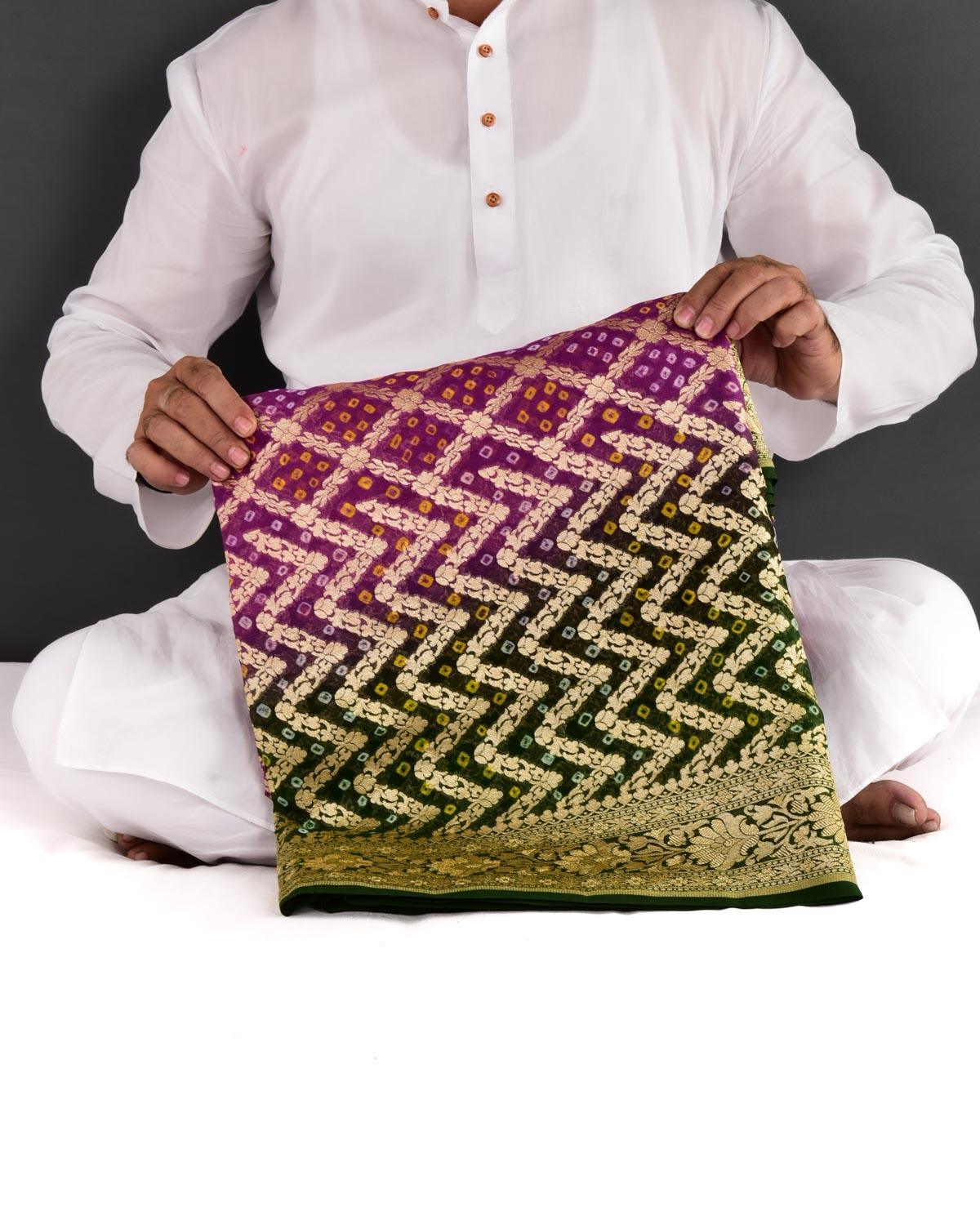 Shaded Green-Purple Banarasi Cutwork Brocade Handwoven Khaddi Georgette Saree with White & Yellow Bandhej - By HolyWeaves, Benares