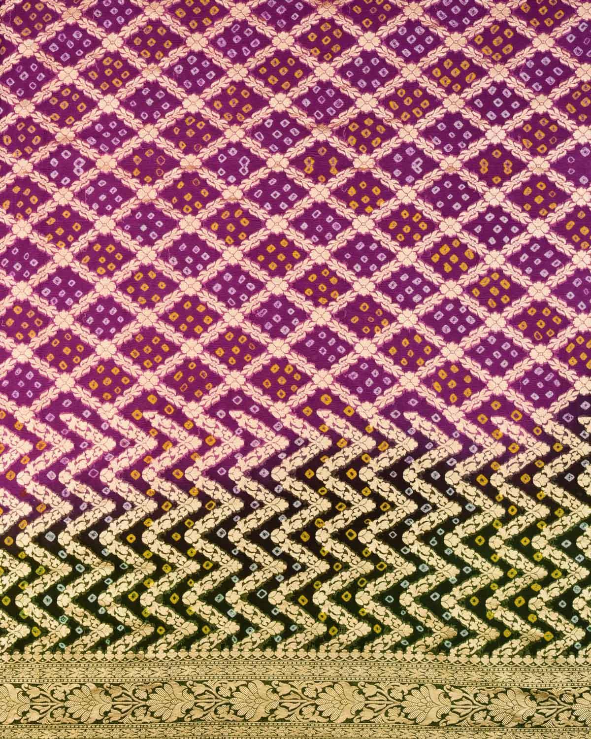 Shaded Green-Purple Banarasi Cutwork Brocade Handwoven Khaddi Georgette Saree with White & Yellow Bandhej - By HolyWeaves, Benares