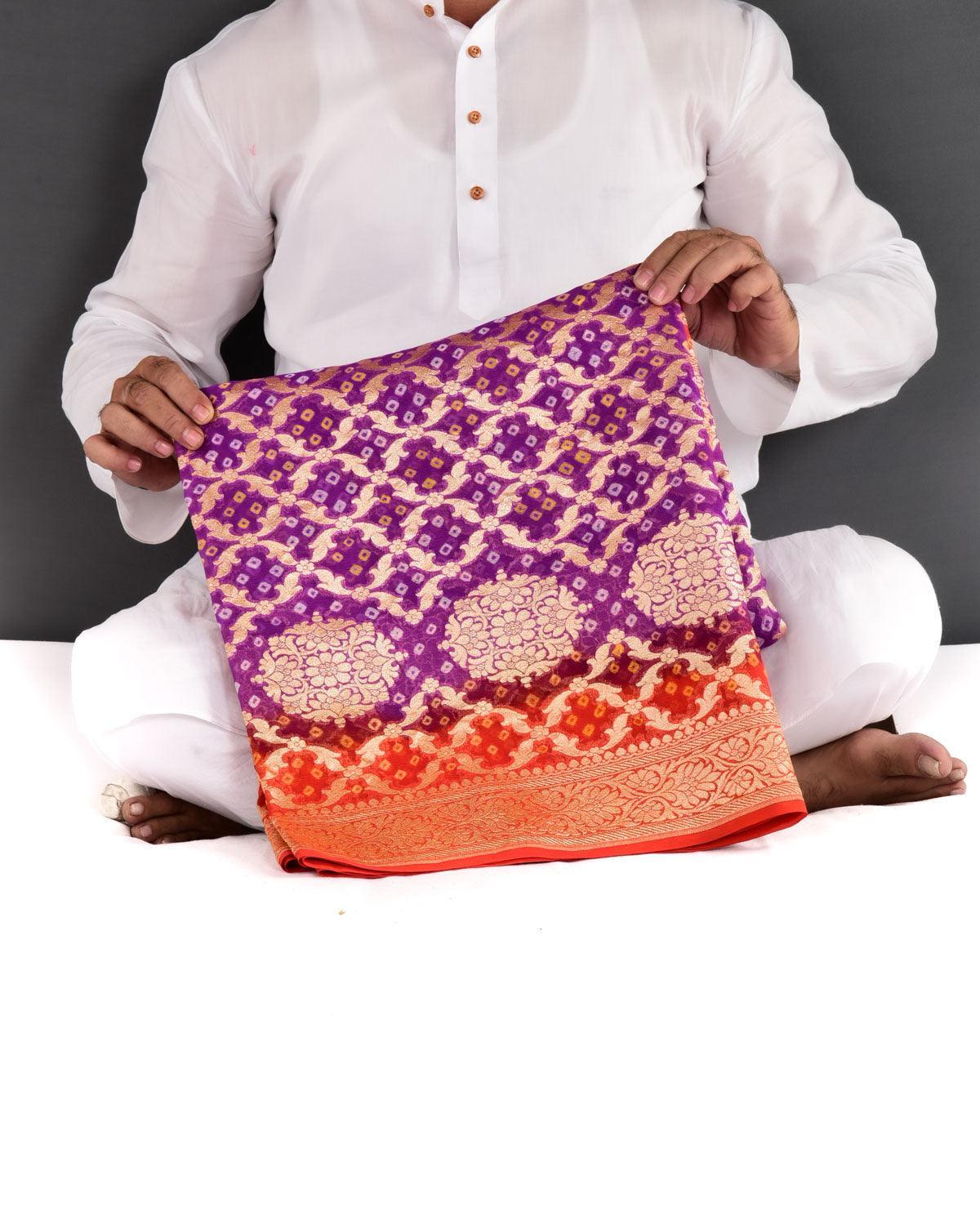 Shaded Orange-Purple Banarasi Cutwork Brocade Handwoven Khaddi Georgette Saree with White & Yellow Bandhej - By HolyWeaves, Benares