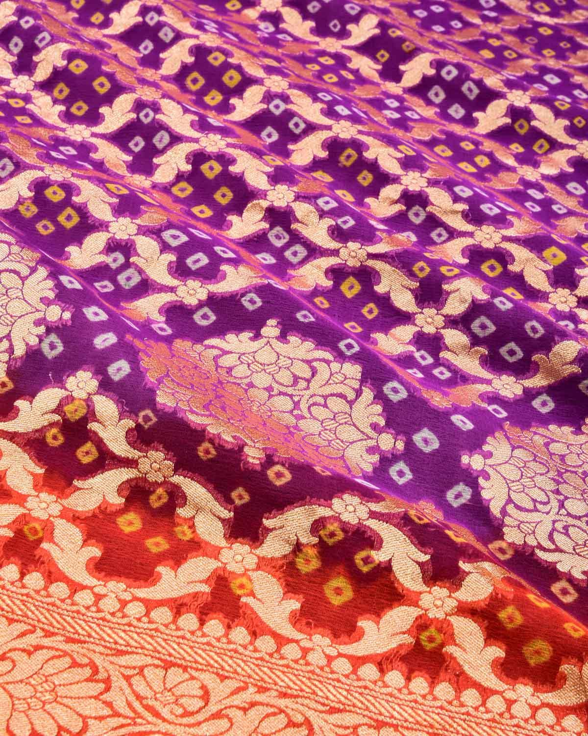 Shaded Orange-Purple Banarasi Cutwork Brocade Handwoven Khaddi Georgette Saree with White & Yellow Bandhej - By HolyWeaves, Benares
