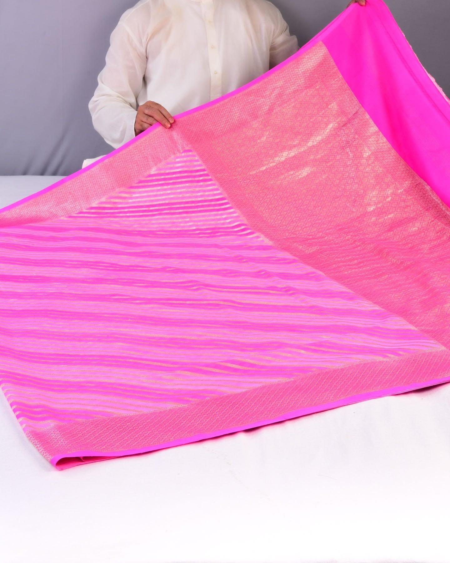 Shaded Pink Banarasi Zari Diagonal Stripes Cutwork Brocade Handwoven Khaddi Georgette Saree - By HolyWeaves, Benares