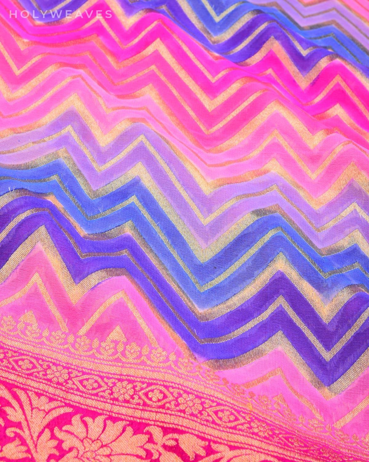 Shaded Pink-Blue Banarasi Chevron Rangkaat Handbrush Dye Cutwork Brocade Handwoven Khaddi Georgette Dupatta - By HolyWeaves, Benares