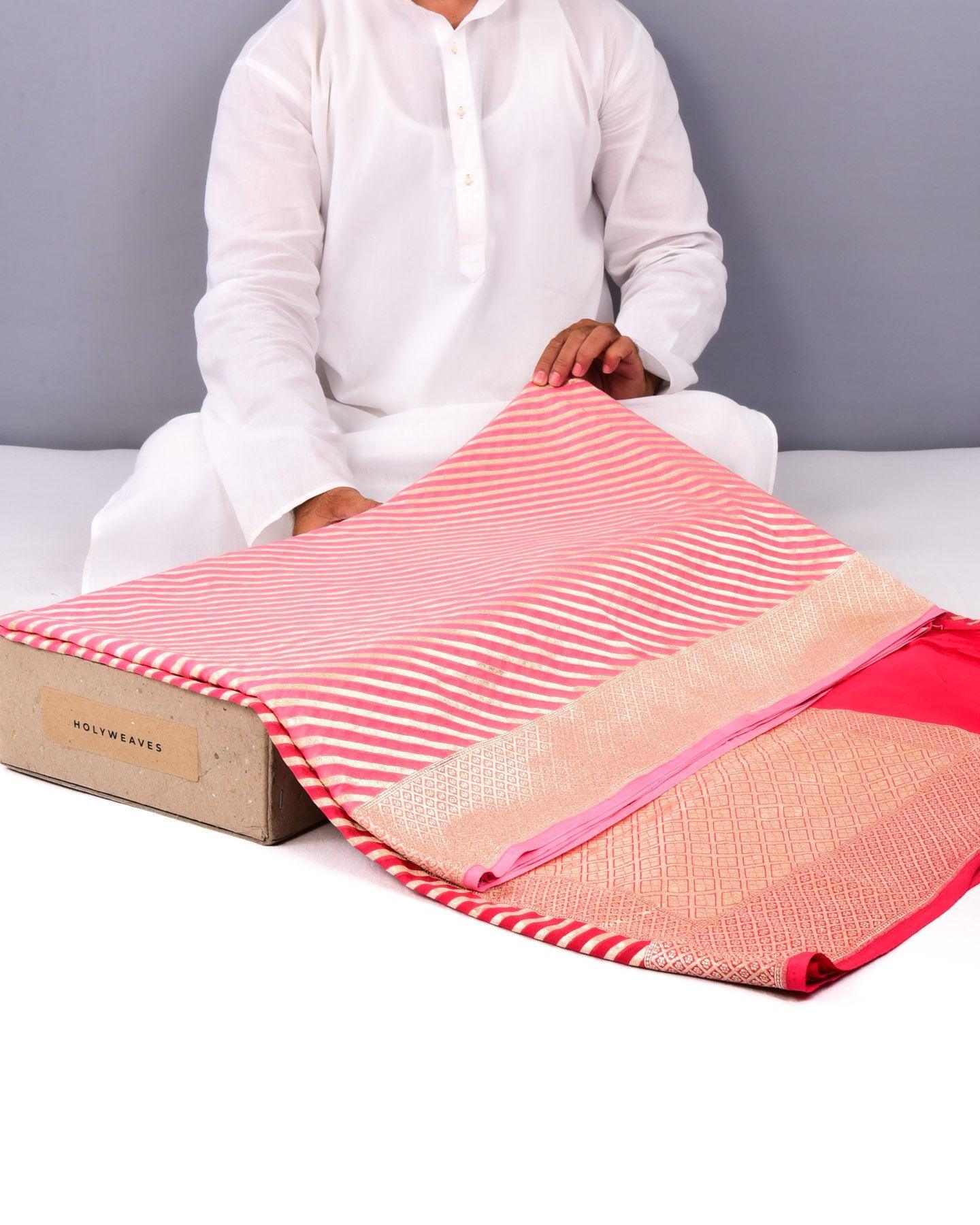 Shaded Pink Garnet Banarasi Diagonal Stripes Cutwork Brocade Handwoven Khaddi Georgette Saree - By HolyWeaves, Benares