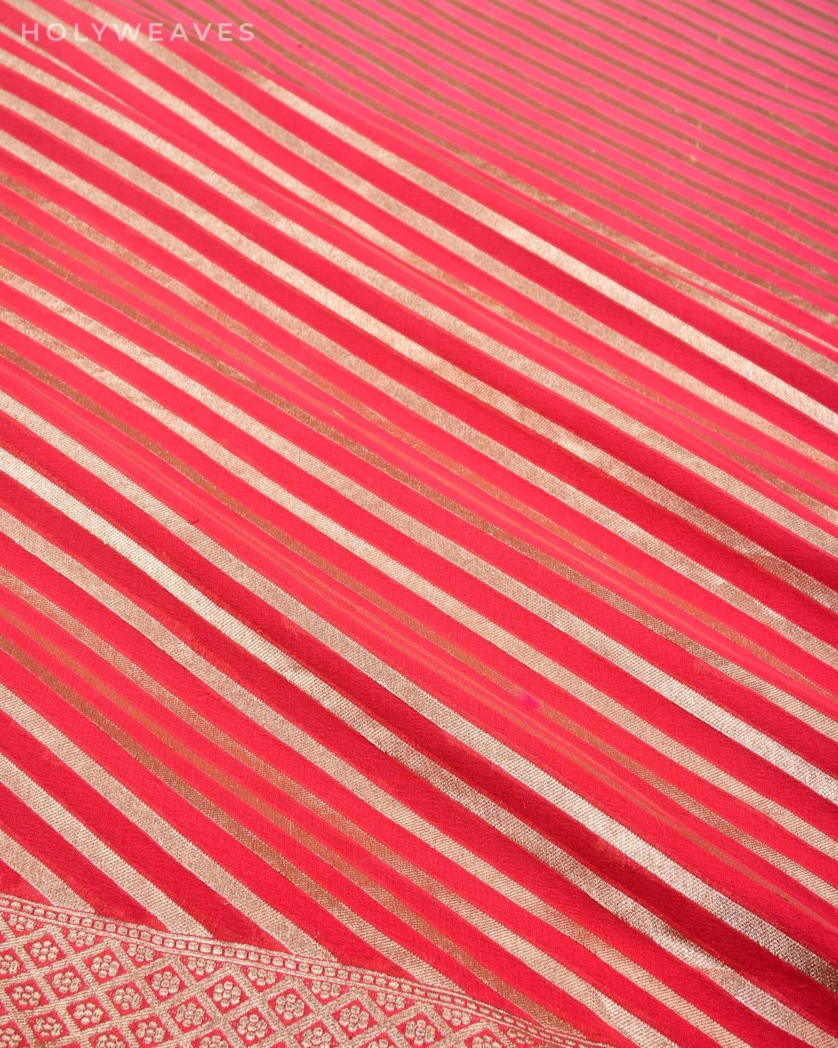 Shaded Pink Garnet Banarasi Diagonal Stripes Cutwork Brocade Handwoven Khaddi Georgette Saree - By HolyWeaves, Benares