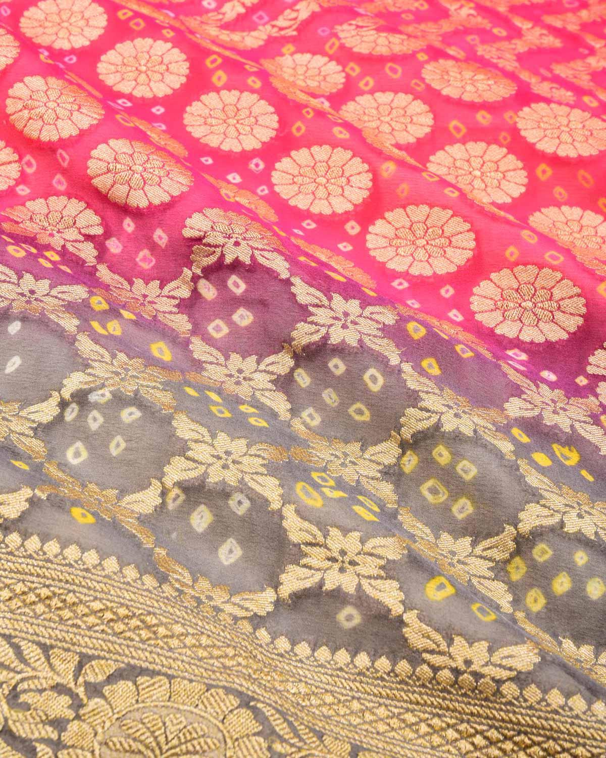 Shaded Pink-Gray Banarasi Cutwork Brocade Handwoven Khaddi Georgette Saree with White & Yellow Bandhej - By HolyWeaves, Benares