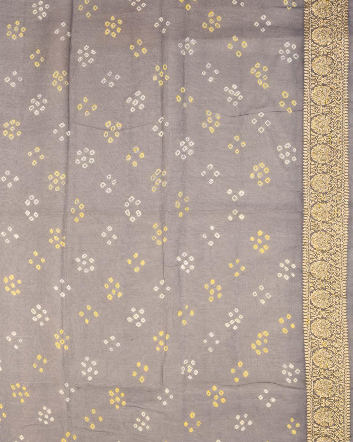 Shaded Pink-Gray Banarasi Cutwork Brocade Handwoven Khaddi Georgette Saree with White & Yellow Bandhej - By HolyWeaves, Benares