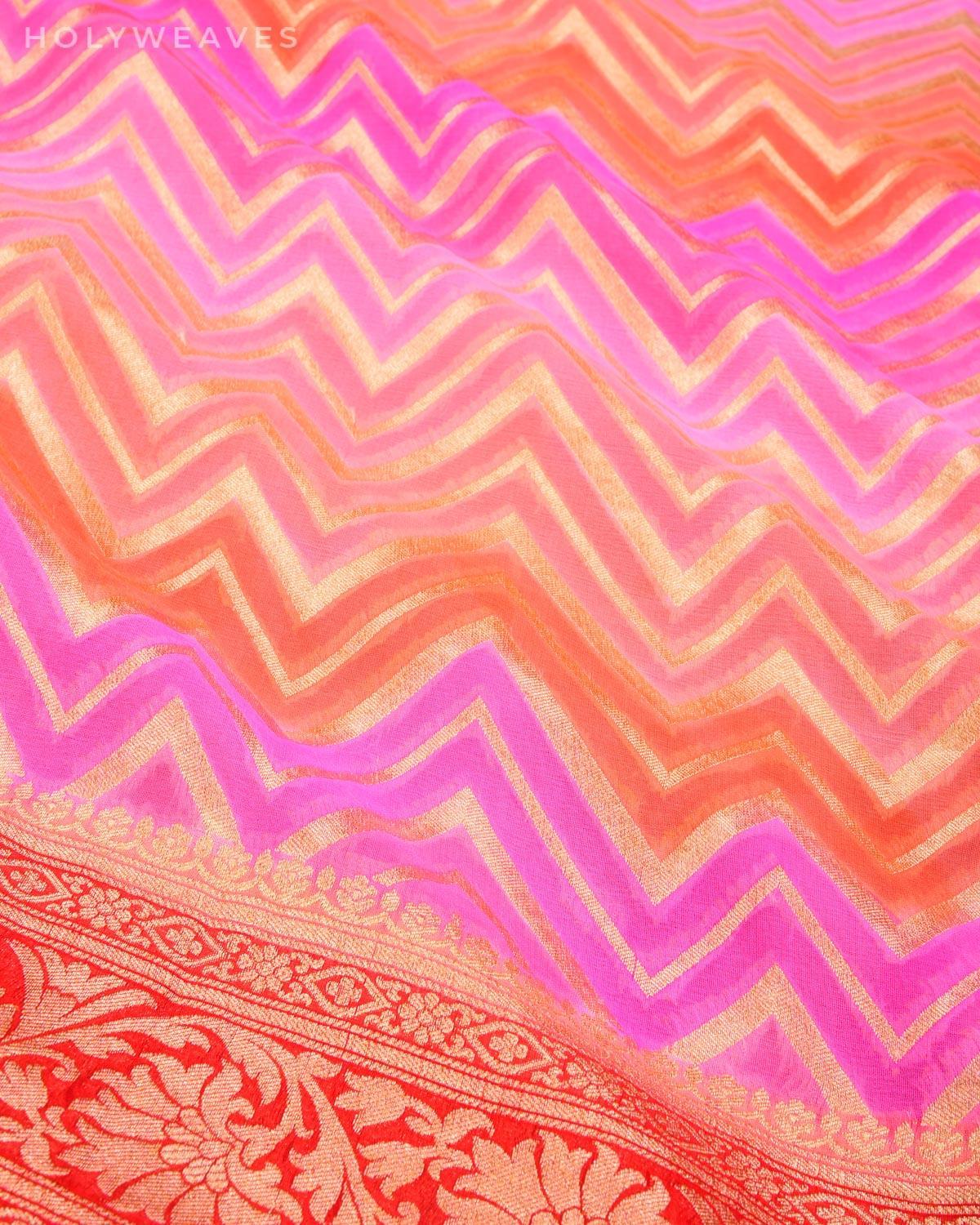 Shaded Pink-Orange Banarasi Chevron Rangkaat Handbrush Dye Cutwork Brocade Handwoven Khaddi Georgette Dupatta - By HolyWeaves, Benares