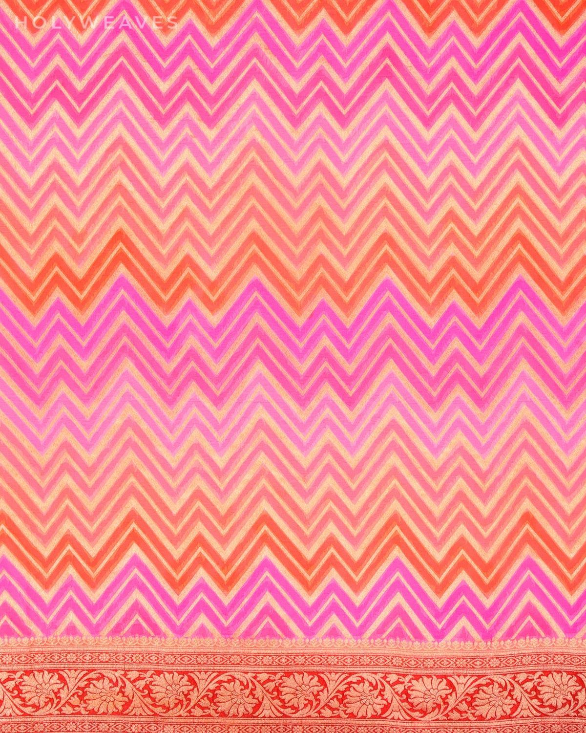 Shaded Pink-Orange Banarasi Chevron Rangkaat Handbrush Dye Cutwork Brocade Handwoven Khaddi Georgette Dupatta - By HolyWeaves, Benares