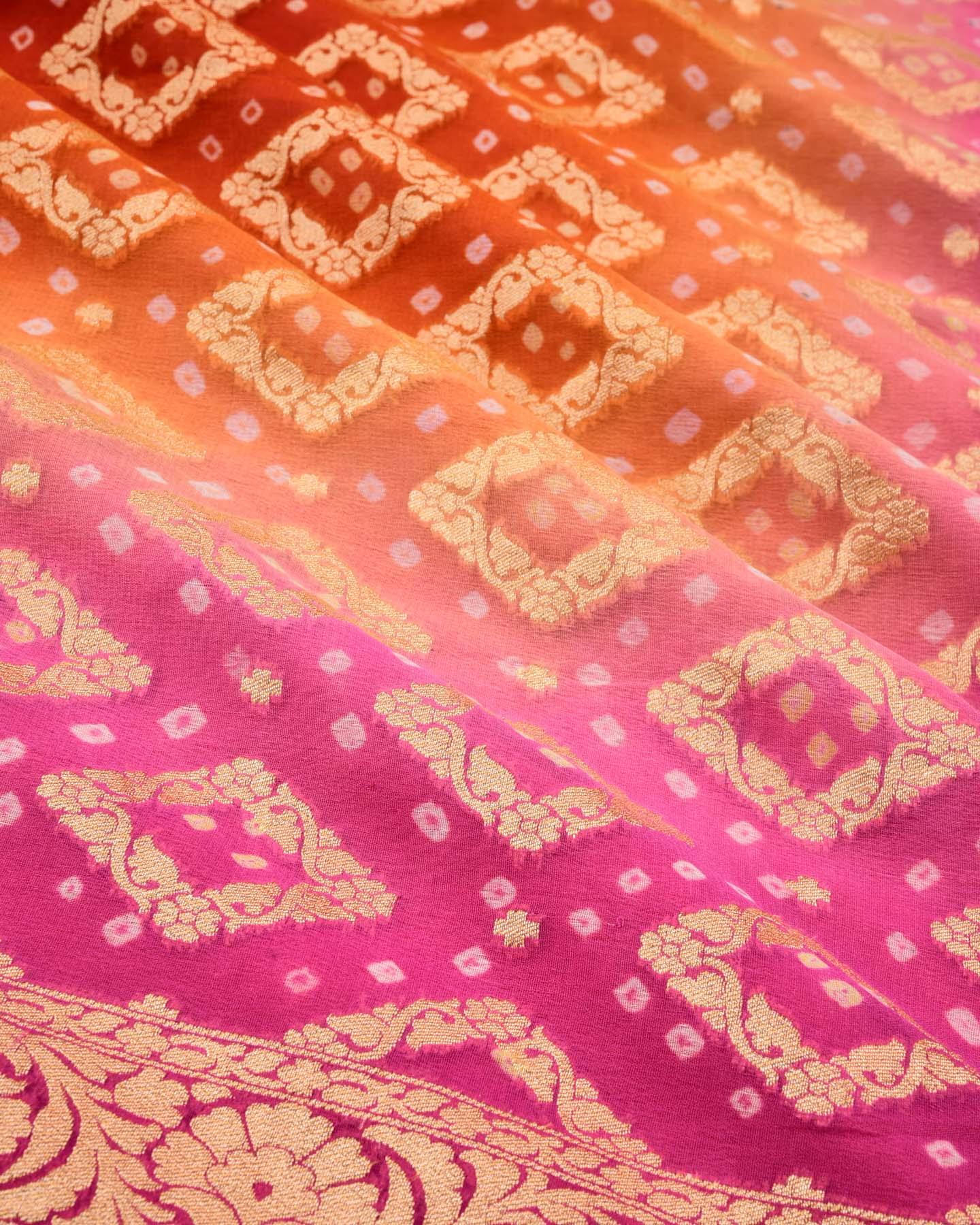 Shaded Pink-Orange Banarasi Gold Zari Cutwork Brocade Handwoven Khaddi Georgette Saree with White & Yellow Bandhej - By HolyWeaves, Benares