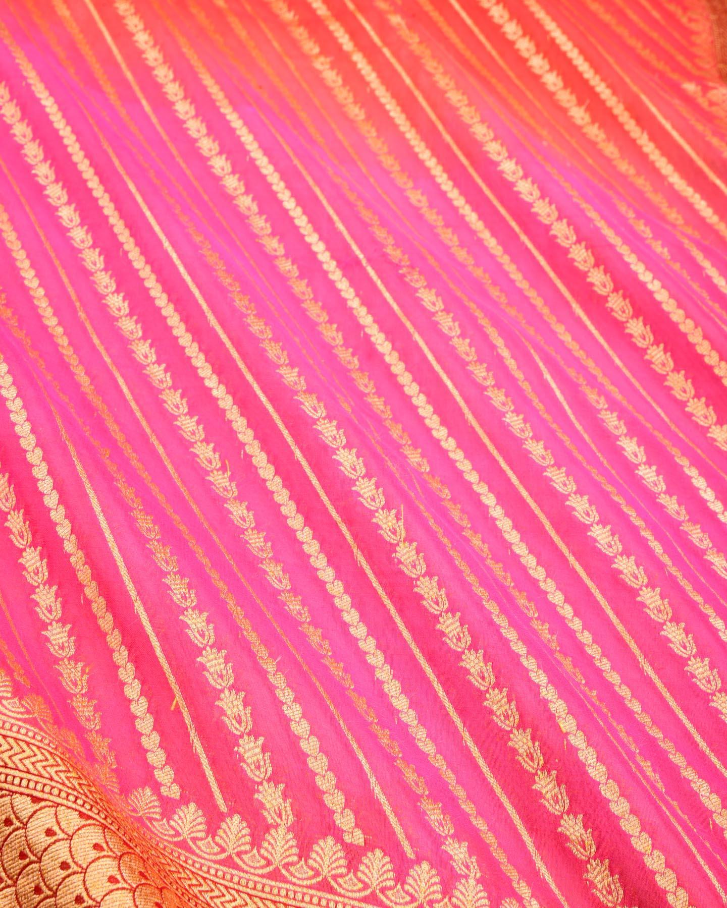 Shaded Pink-Orange Banarasi Leheriya Stripes Cutwork Brocade Handwoven Khaddi Georgette Saree - By HolyWeaves, Benares