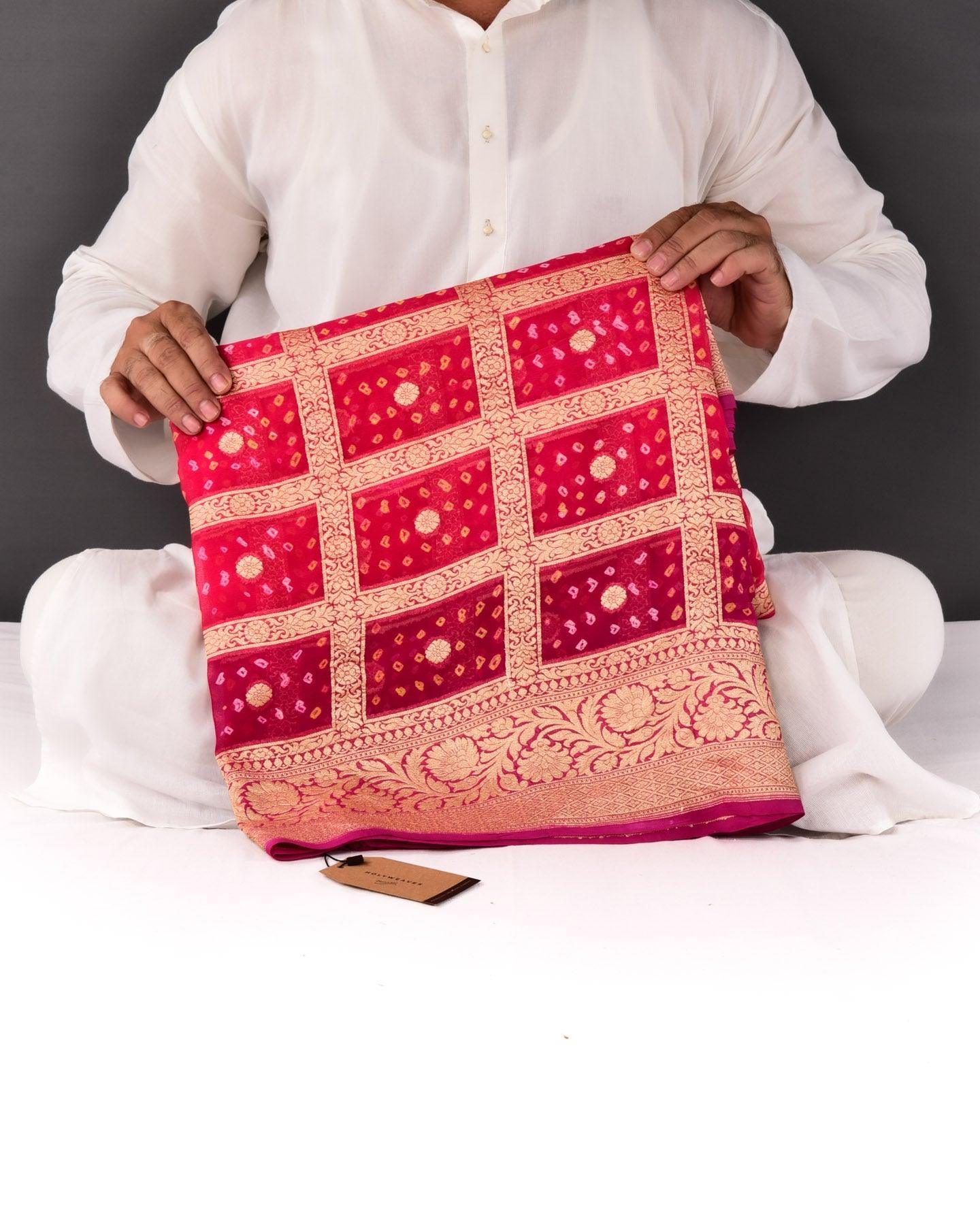 Shaded Pink-Red Banarasi Gold Zari Cutwork Brocade Handwoven Khaddi Georgette Saree with White & Yellow Bandhej - By HolyWeaves, Benares