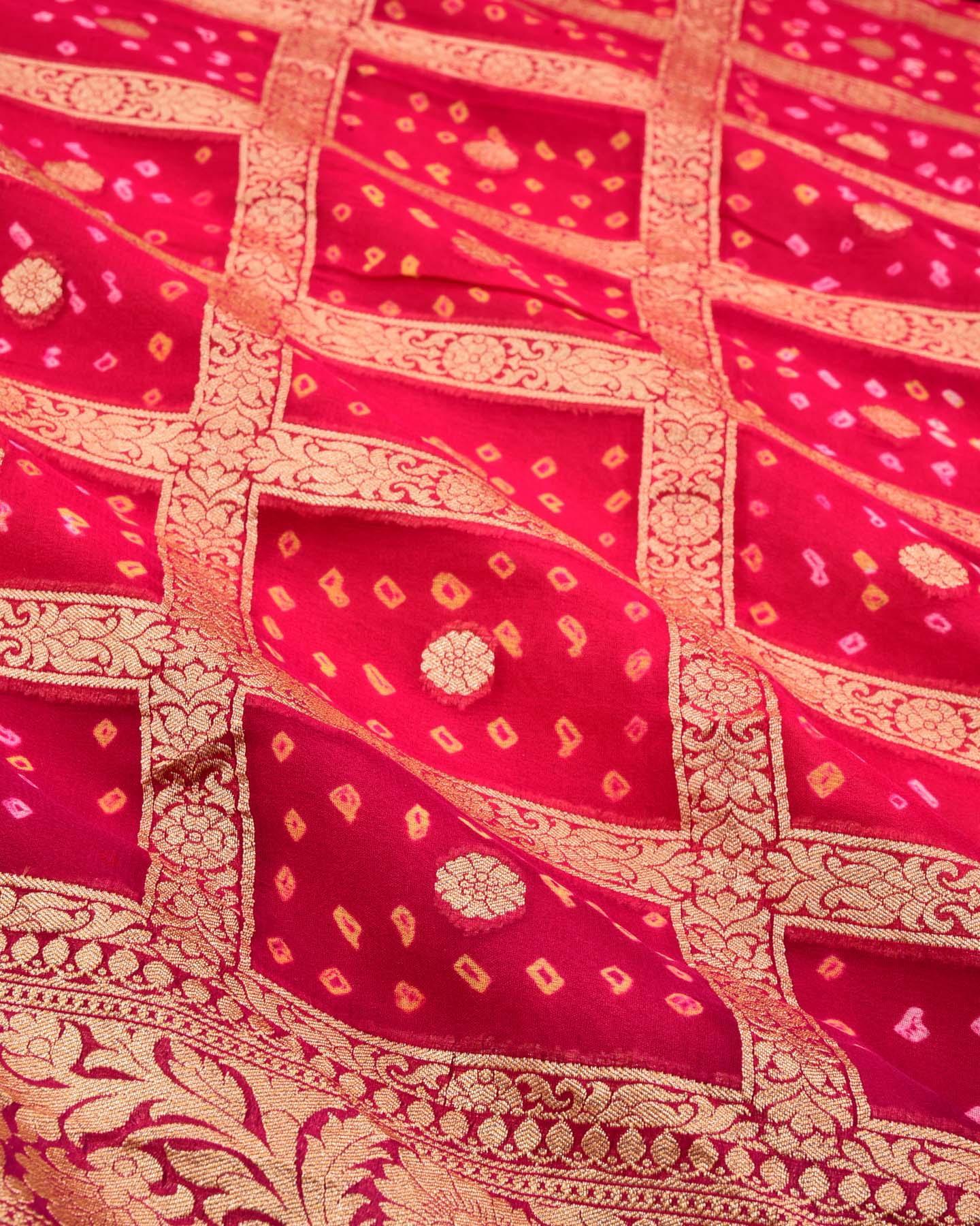 Shaded Pink-Red Banarasi Gold Zari Cutwork Brocade Handwoven Khaddi Georgette Saree with White & Yellow Bandhej - By HolyWeaves, Benares