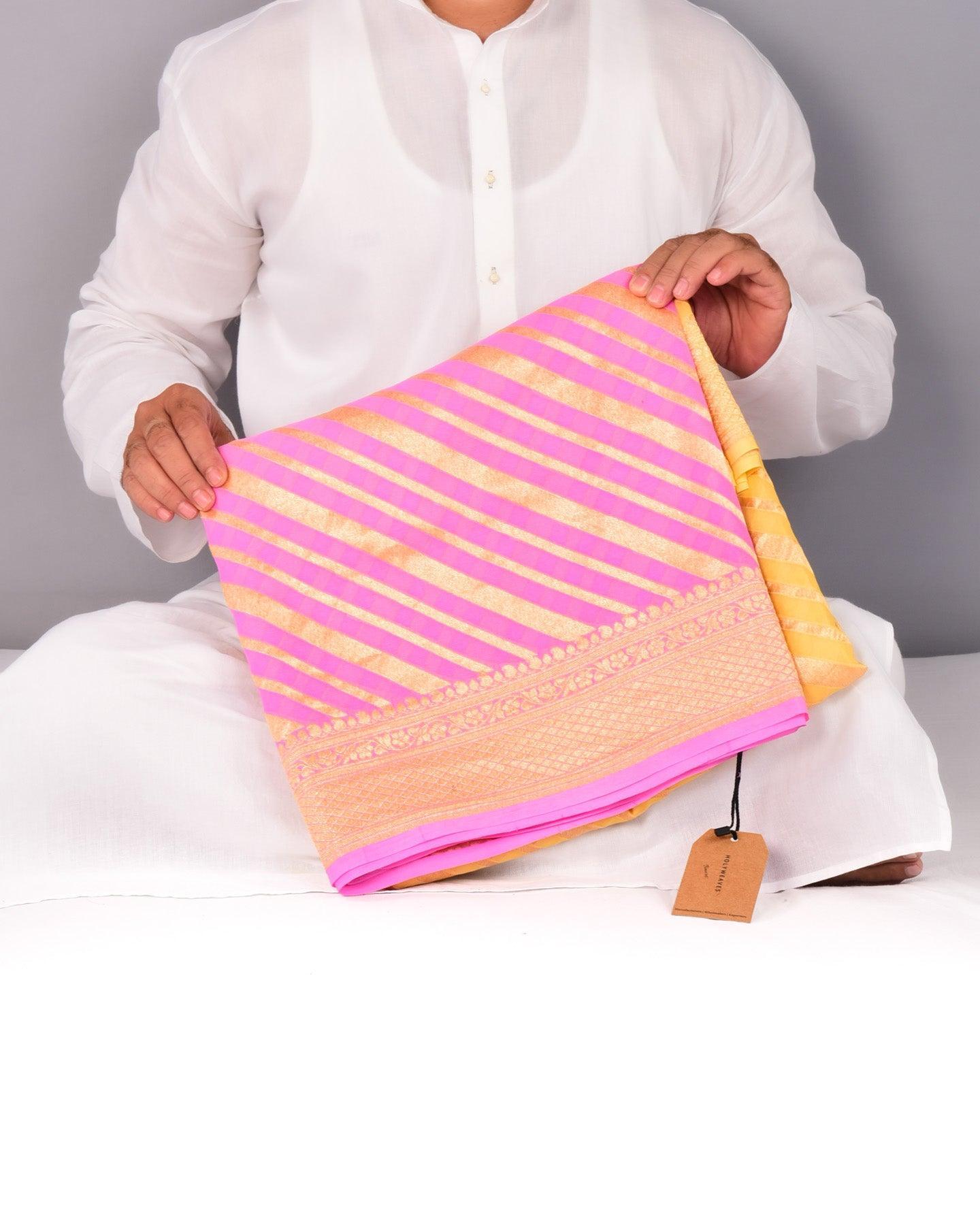Shaded Pink-Yellow Banarasi Leheriya Cutwork Brocade Handwoven Khaddi Georgette Saree - By HolyWeaves, Benares
