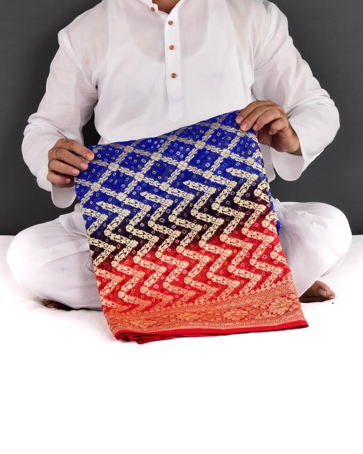 Shaded Red-Blue Banarasi Cutwork Brocade Handwoven Khaddi Georgette Saree with White & Yellow Bandhej - By HolyWeaves, Benares