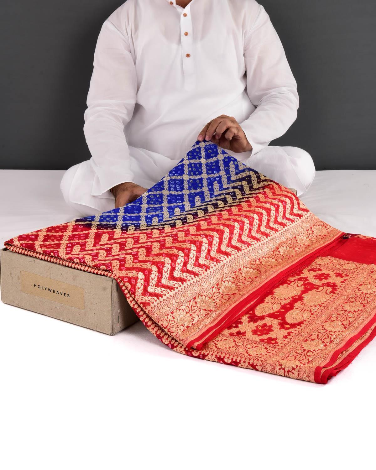 Shaded Red-Blue Banarasi Cutwork Brocade Handwoven Khaddi Georgette Saree with White & Yellow Bandhej - By HolyWeaves, Benares