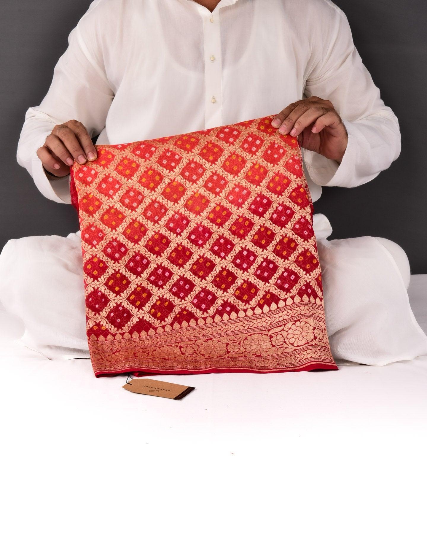 Shaded Red-Orange Banarasi Gold Zari Cutwork Brocade Handwoven Khaddi Georgette Saree with White & Yellow Bandhej - By HolyWeaves, Benares
