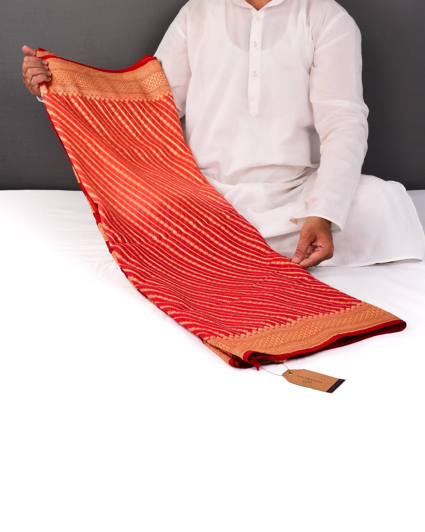 Shaded Red-Orange Banarasi Leheriya Stripes Cutwork Brocade Handwoven Khaddi Georgette Saree - By HolyWeaves, Benares