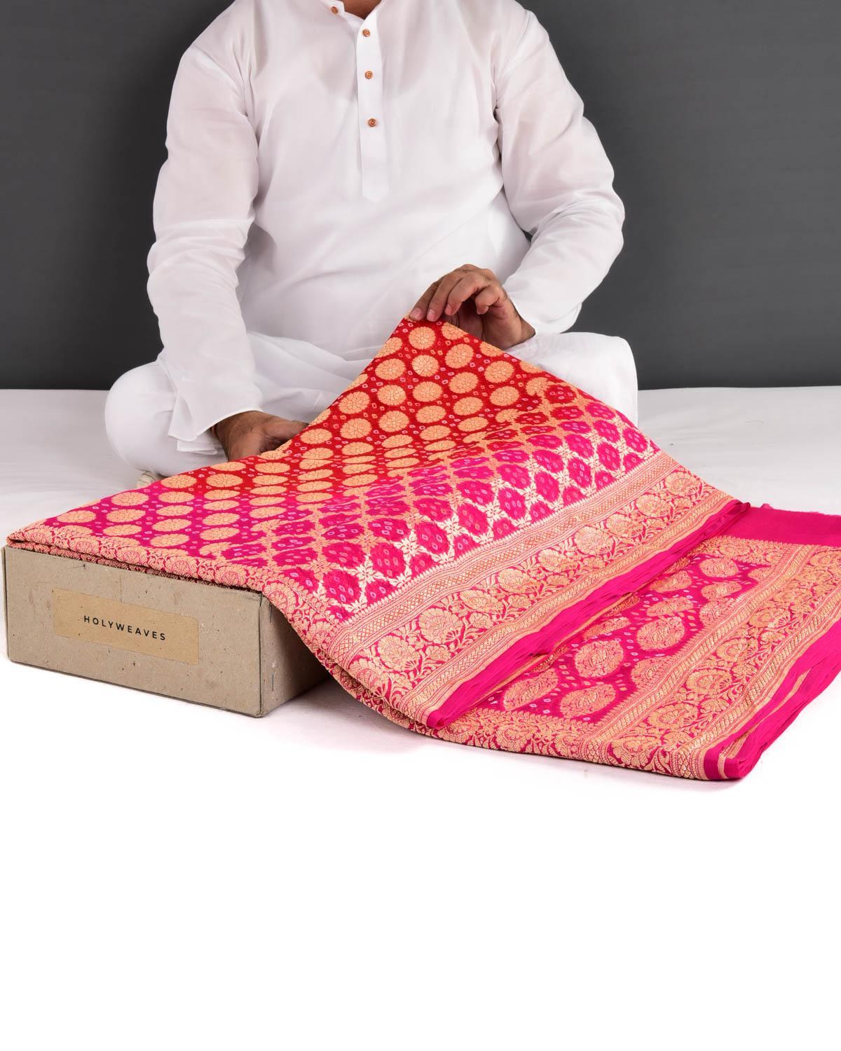 Shaded Red-Pink Banarasi Cutwork Brocade Handwoven Khaddi Georgette Saree with White & Yellow Bandhej - By HolyWeaves, Benares