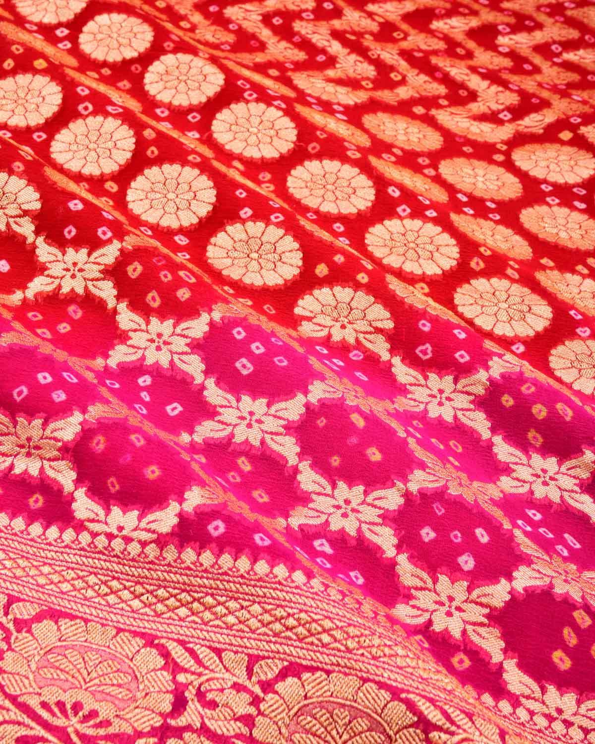 Shaded Red-Pink Banarasi Cutwork Brocade Handwoven Khaddi Georgette Saree with White & Yellow Bandhej - By HolyWeaves, Benares